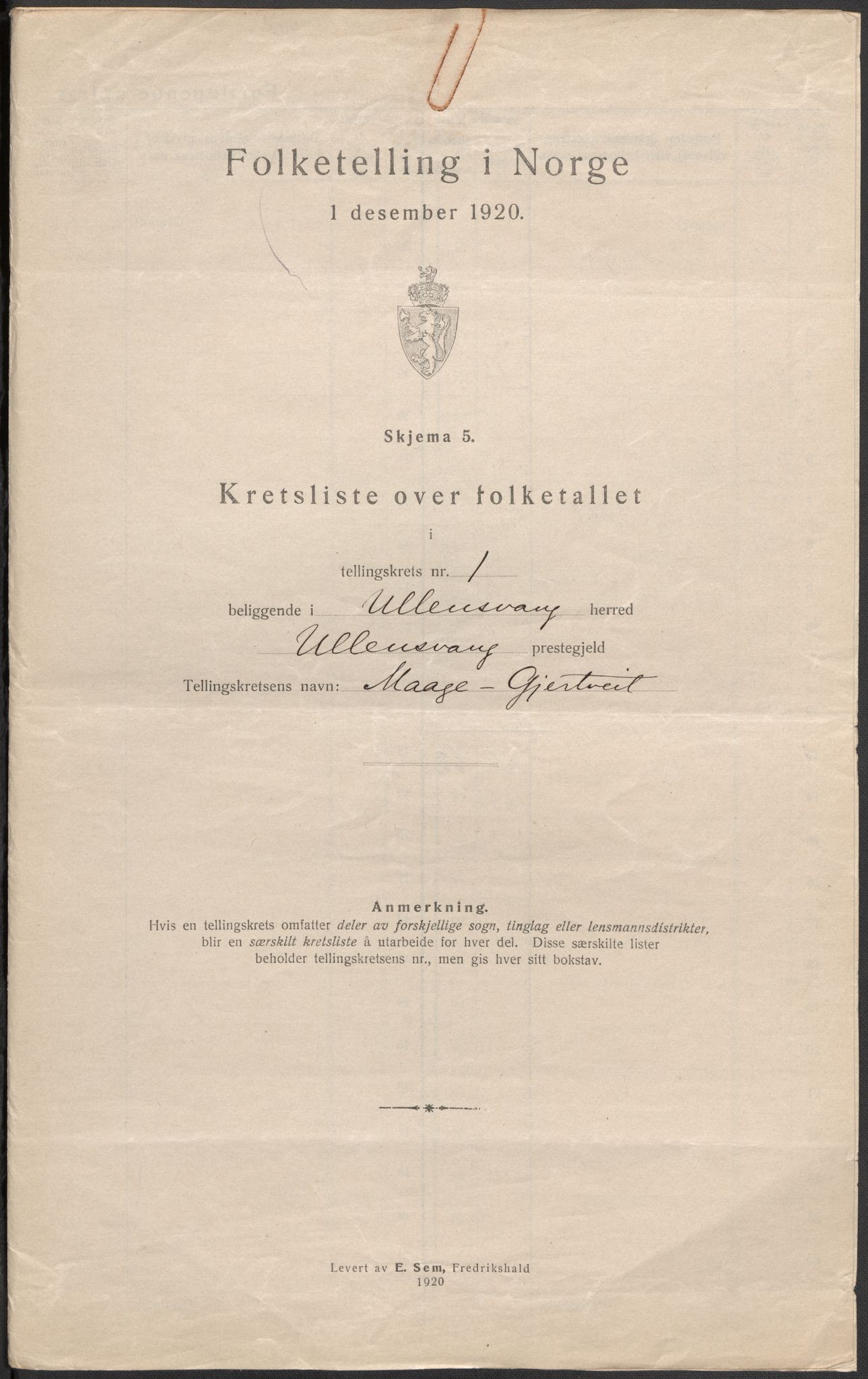 SAB, 1920 census for Ullensvang, 1920, p. 5