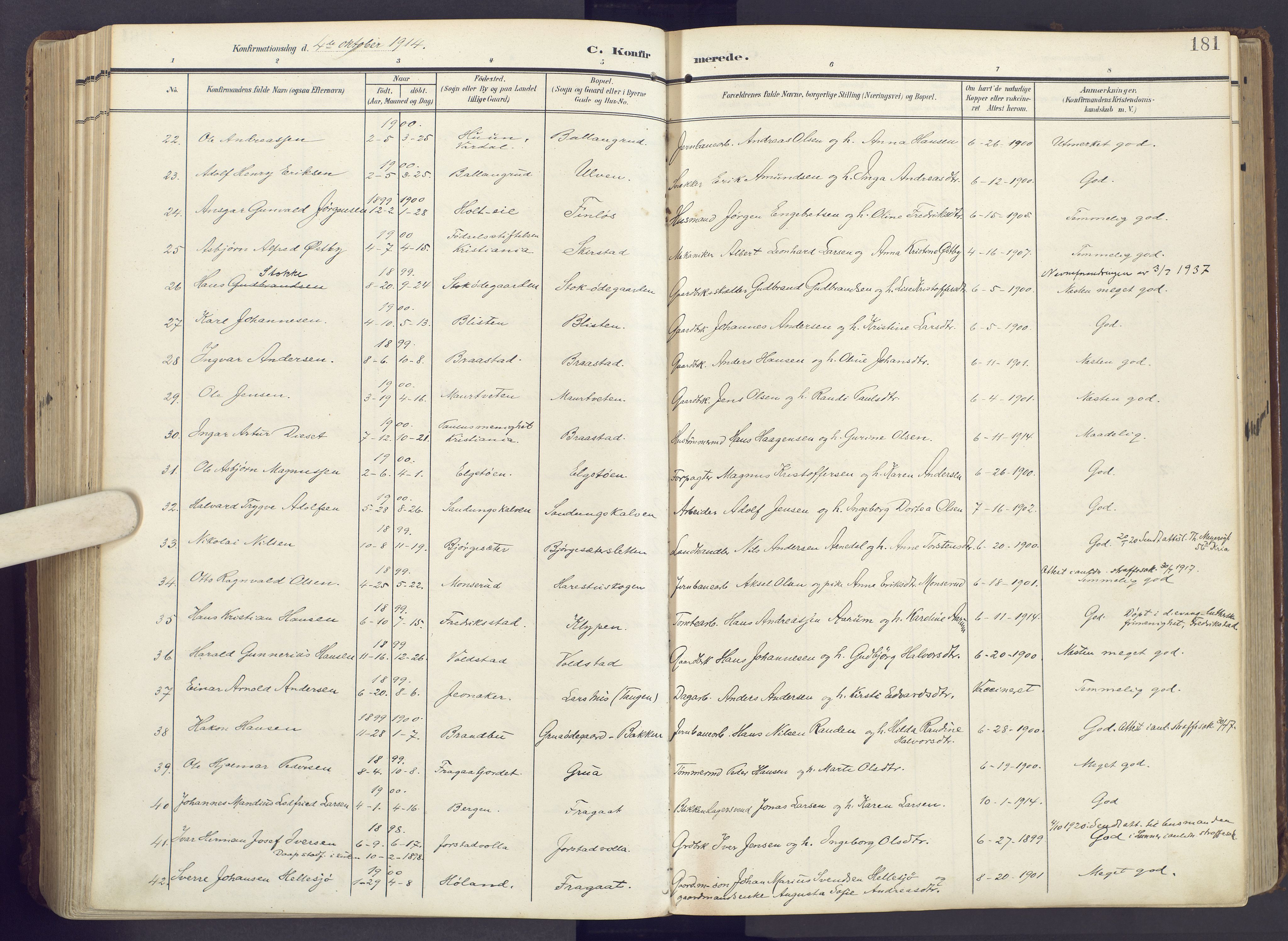 Lunner prestekontor, SAH/PREST-118/H/Ha/Haa/L0001: Parish register (official) no. 1, 1907-1922, p. 181