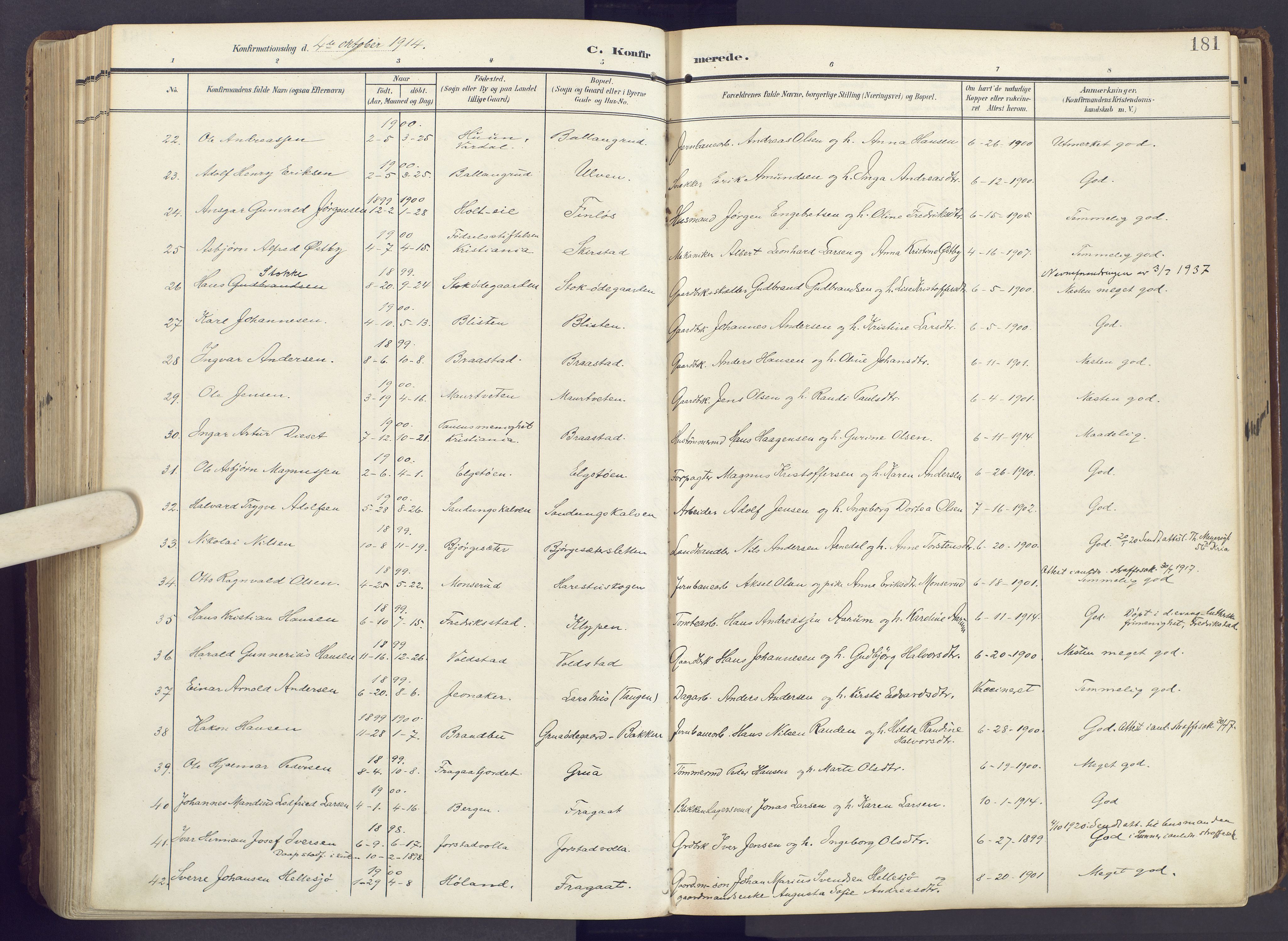 Lunner prestekontor, AV/SAH-PREST-118/H/Ha/Haa/L0001: Parish register (official) no. 1, 1907-1922, p. 181