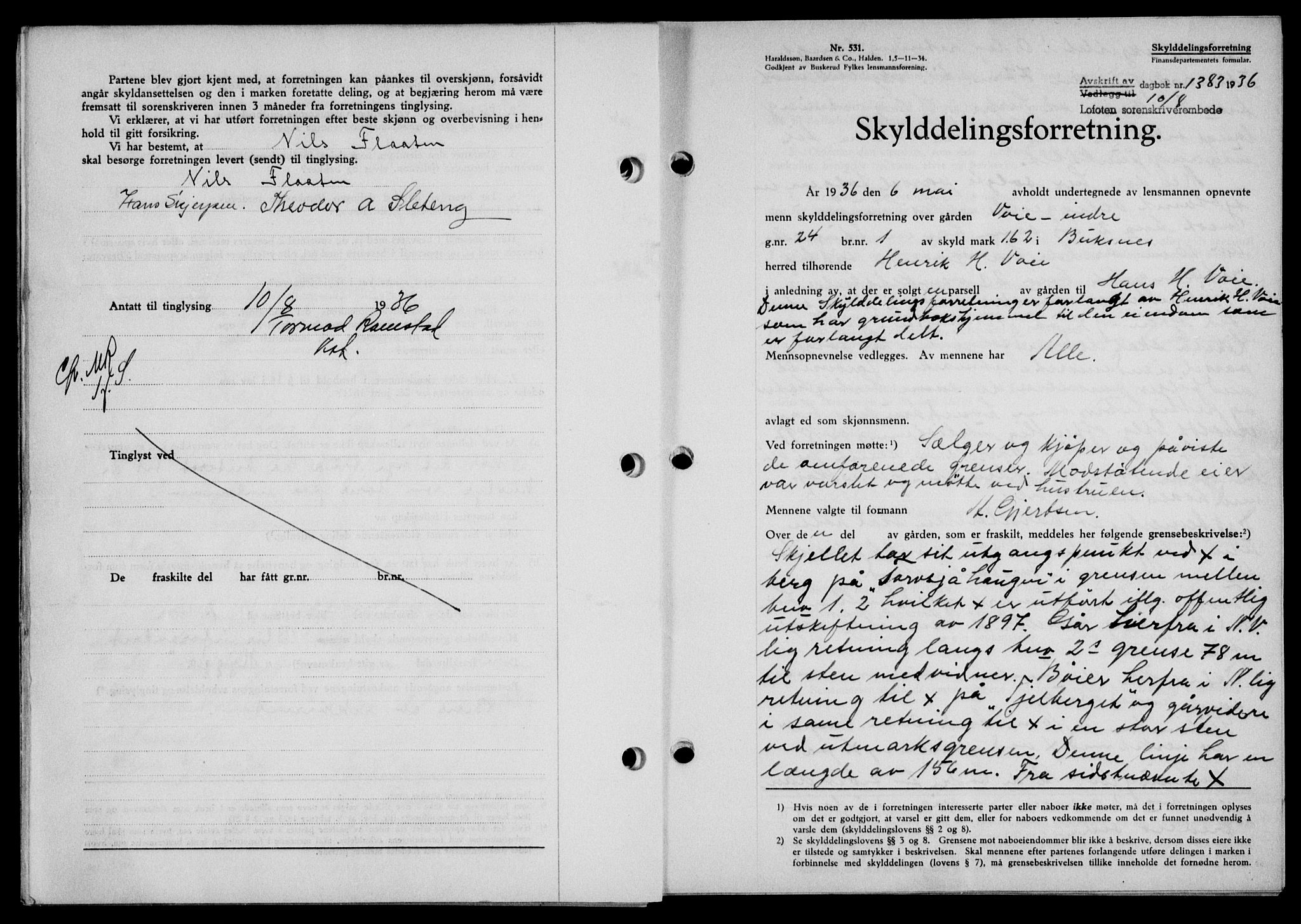 Lofoten sorenskriveri, SAT/A-0017/1/2/2C/L0001a: Mortgage book no. 1a, 1936-1937, Diary no: : 1383/1936