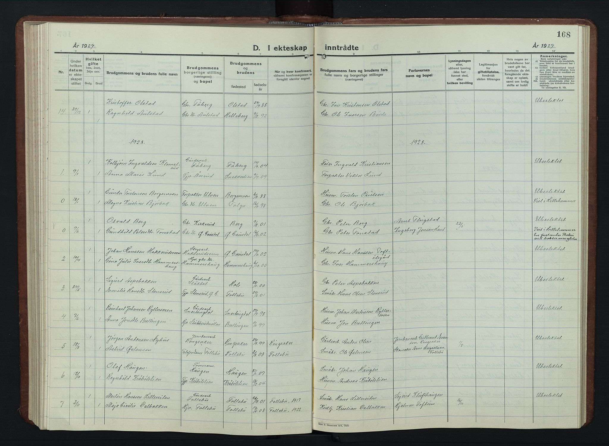 Vestre Gausdal prestekontor, SAH/PREST-094/H/Ha/Hab/L0005: Parish register (copy) no. 5, 1926-1955, p. 168