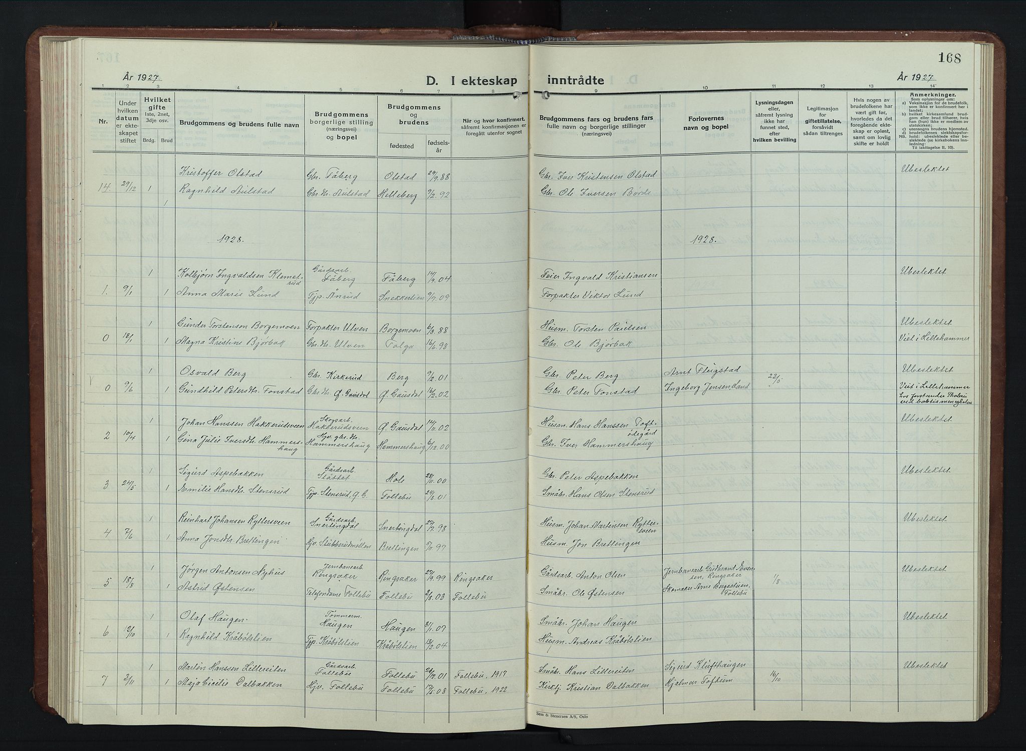 Vestre Gausdal prestekontor, AV/SAH-PREST-094/H/Ha/Hab/L0005: Parish register (copy) no. 5, 1926-1955, p. 168