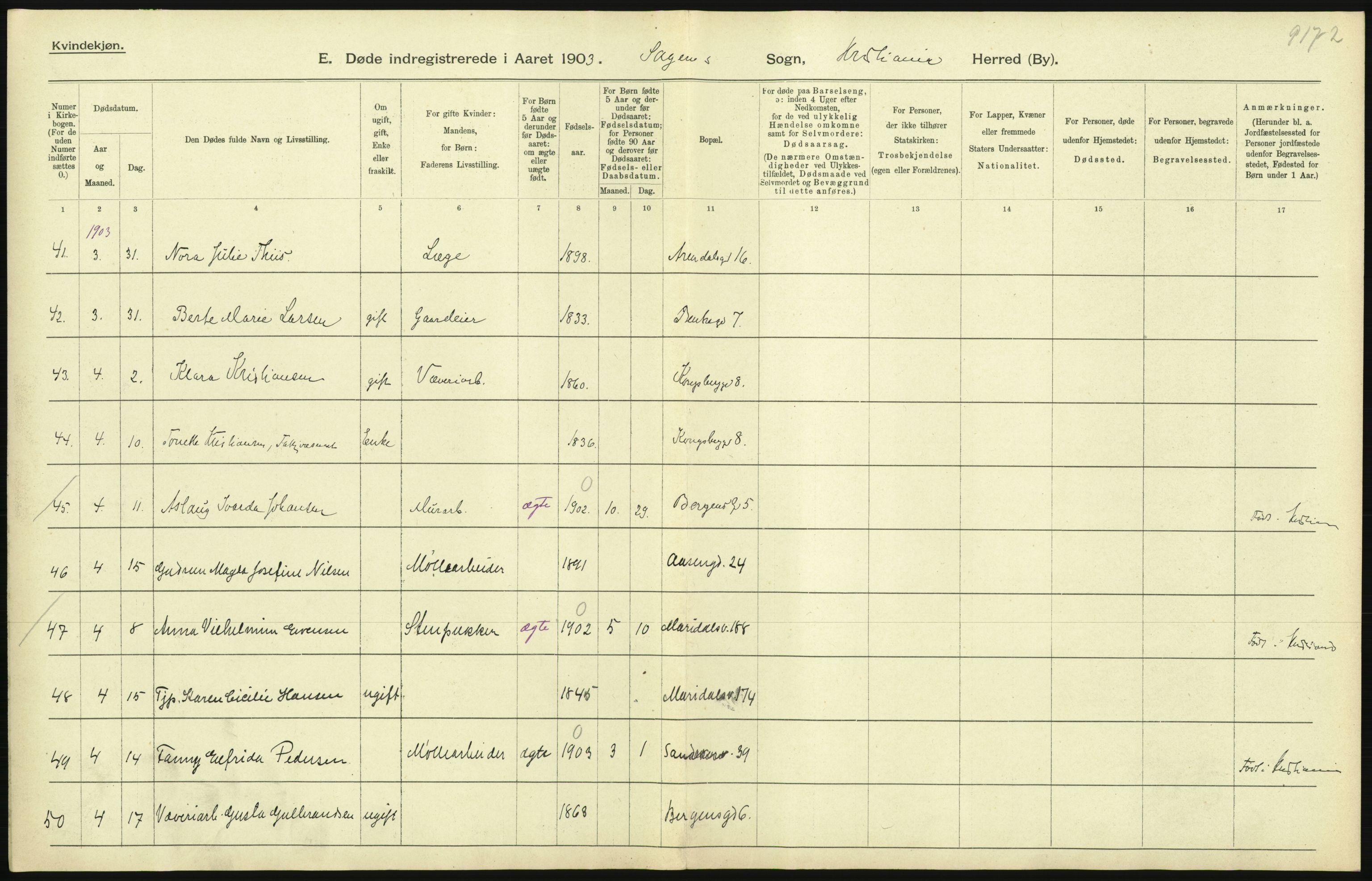 Statistisk sentralbyrå, Sosiodemografiske emner, Befolkning, AV/RA-S-2228/D/Df/Dfa/Dfaa/L0004: Kristiania: Gifte, døde, 1903, p. 89