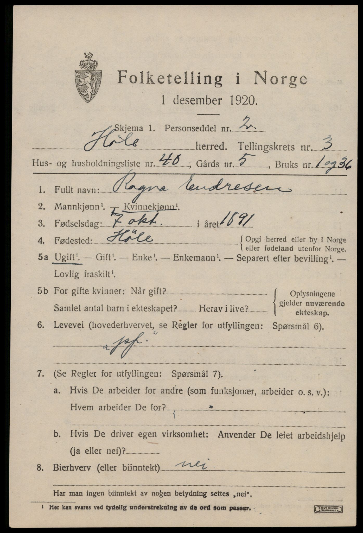 SAST, 1920 census for Høle, 1920, p. 1361