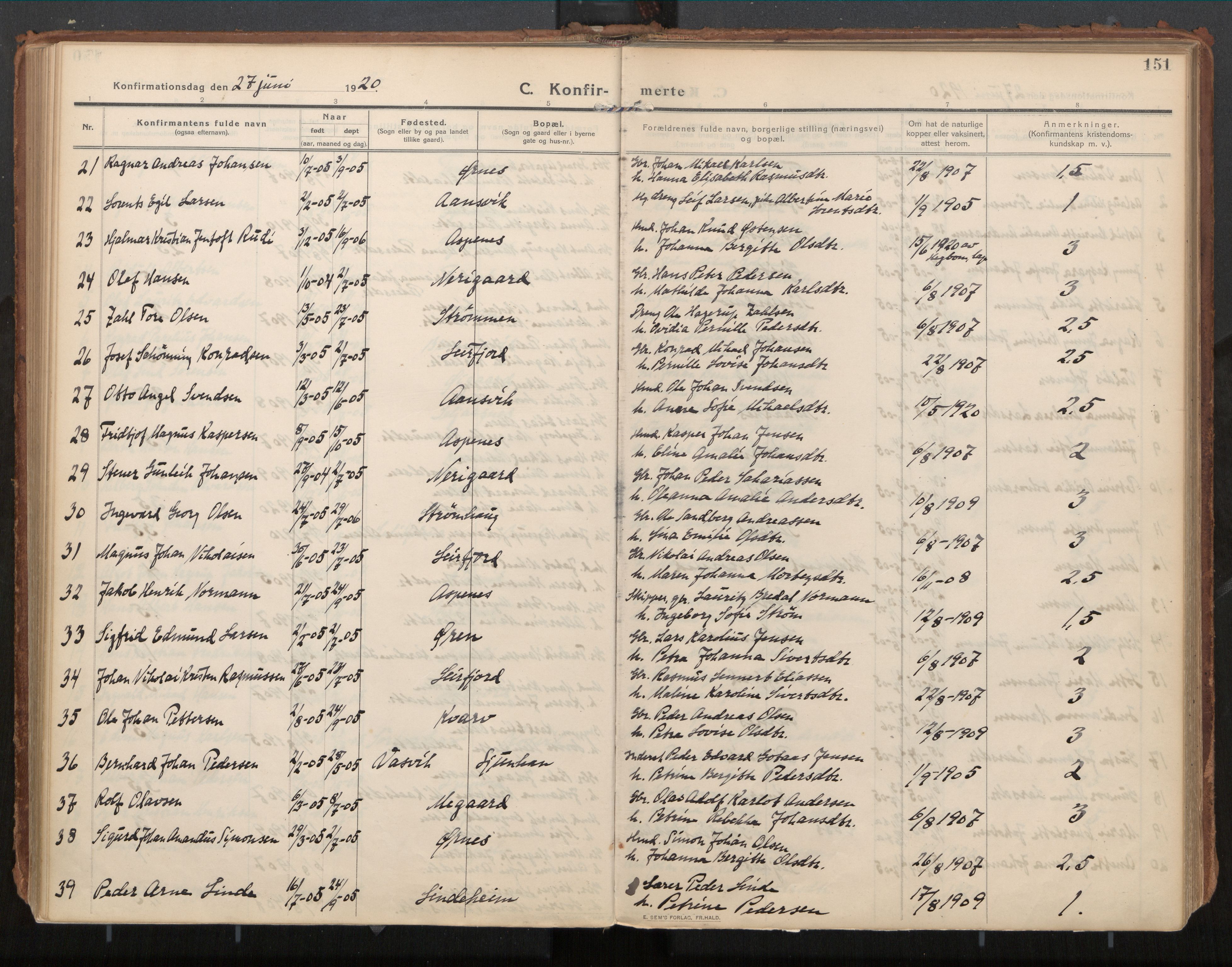 Ministerialprotokoller, klokkerbøker og fødselsregistre - Nordland, AV/SAT-A-1459/854/L0784: Parish register (official) no. 854A07, 1910-1922, p. 151