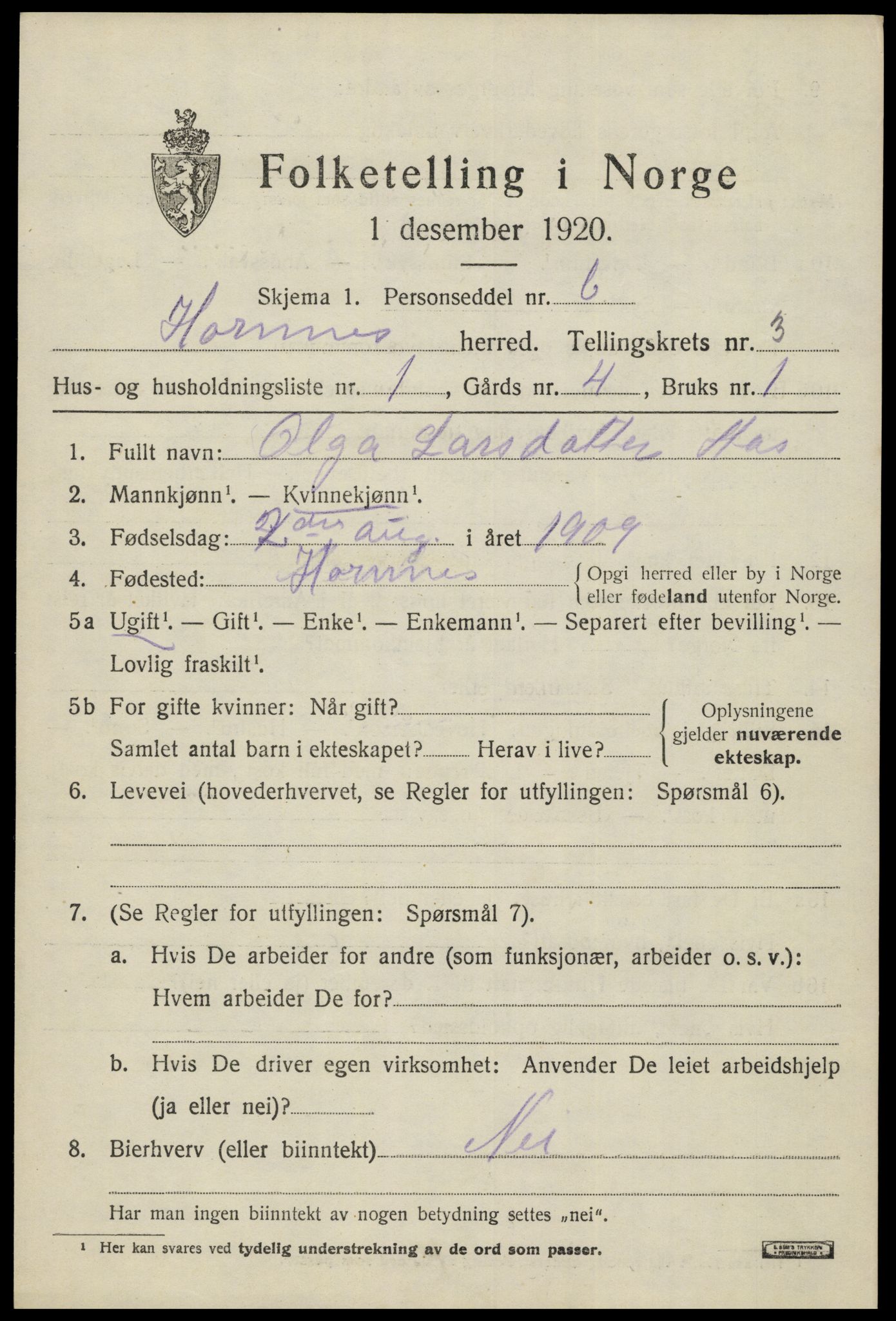 SAK, 1920 census for Hornnes, 1920, p. 813