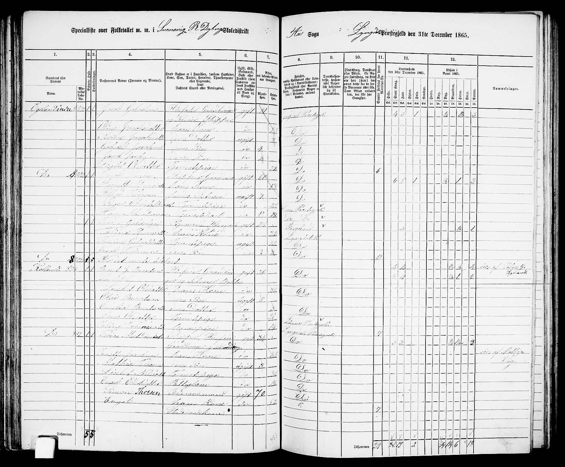 RA, 1865 census for Lyngdal, 1865, p. 101