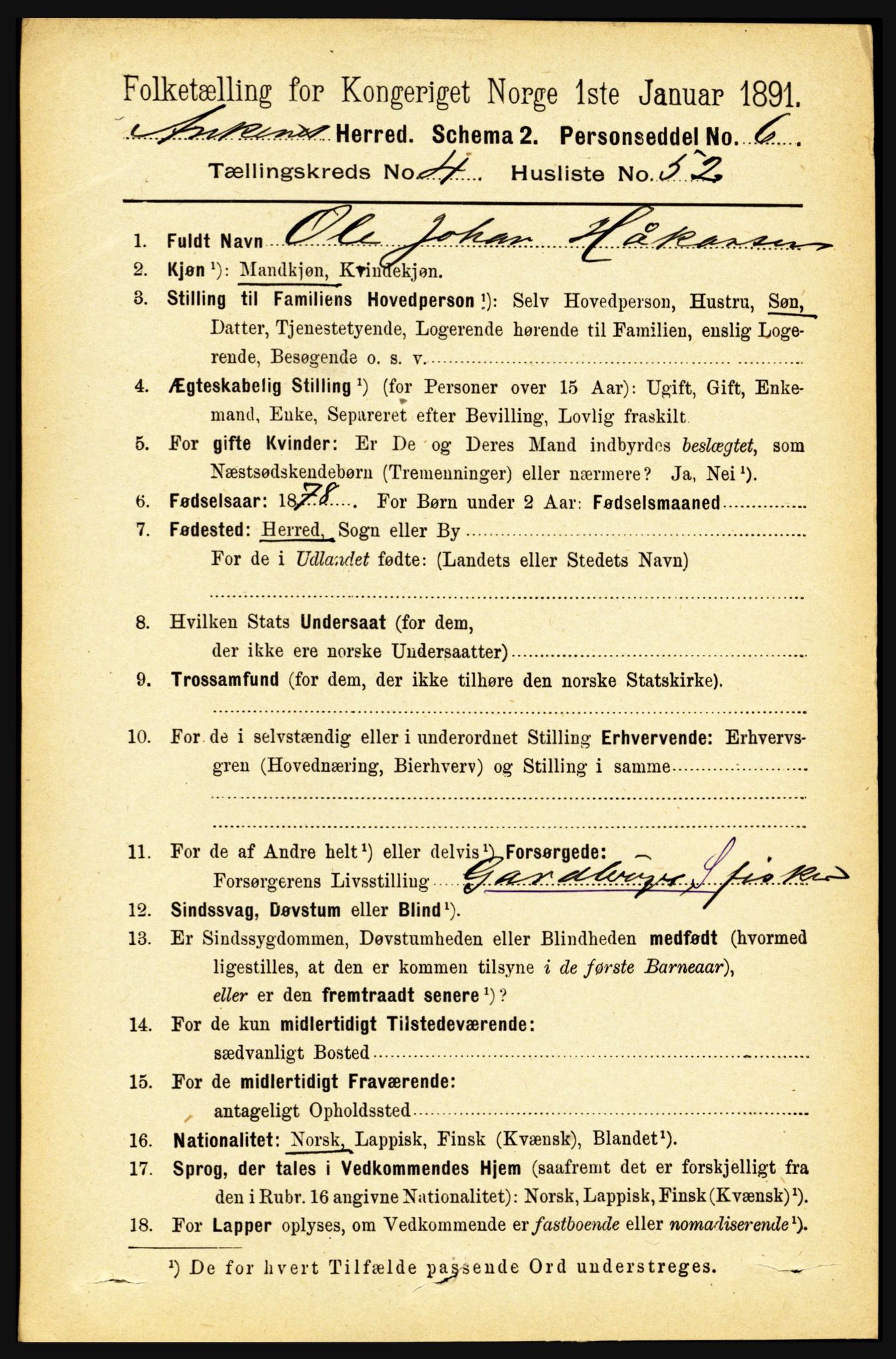 RA, 1891 census for 1855 Ankenes, 1891, p. 2663