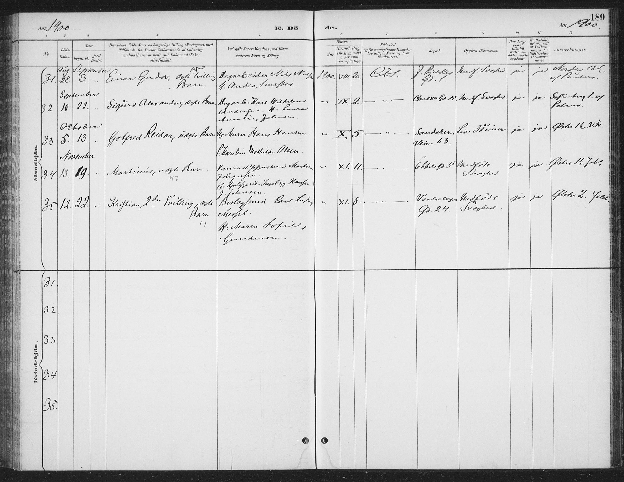 Rikshospitalet prestekontor Kirkebøker, SAO/A-10309b/F/L0010: Parish register (official) no. 10, 1888-1912, p. 189