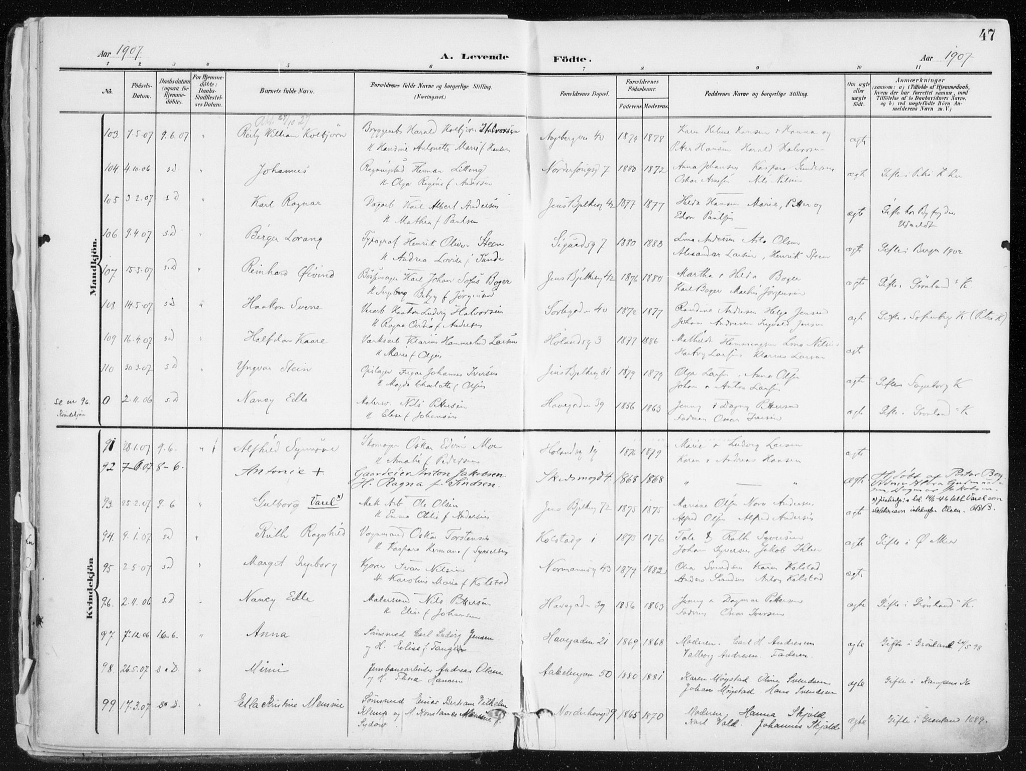 Kampen prestekontor Kirkebøker, SAO/A-10853/F/Fa/L0010: Parish register (official) no. I 10, 1905-1917, p. 47