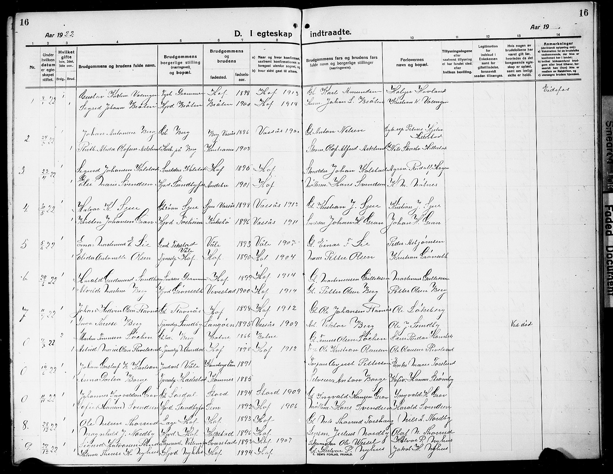 Hof kirkebøker, AV/SAKO-A-64/G/Ga/L0007: Parish register (copy) no. I 7, 1911-1930, p. 16