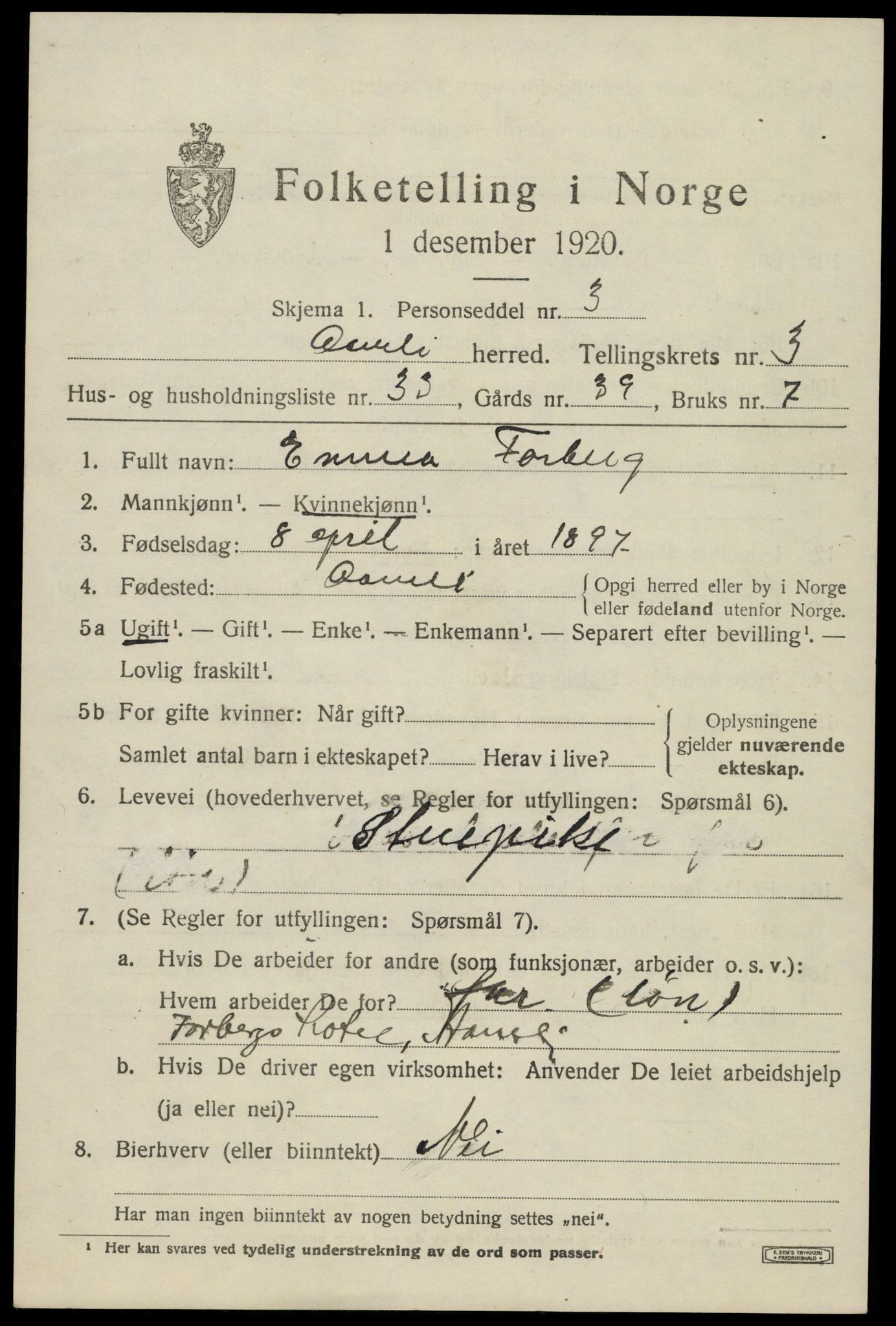 SAK, 1920 census for Åmli, 1920, p. 1587