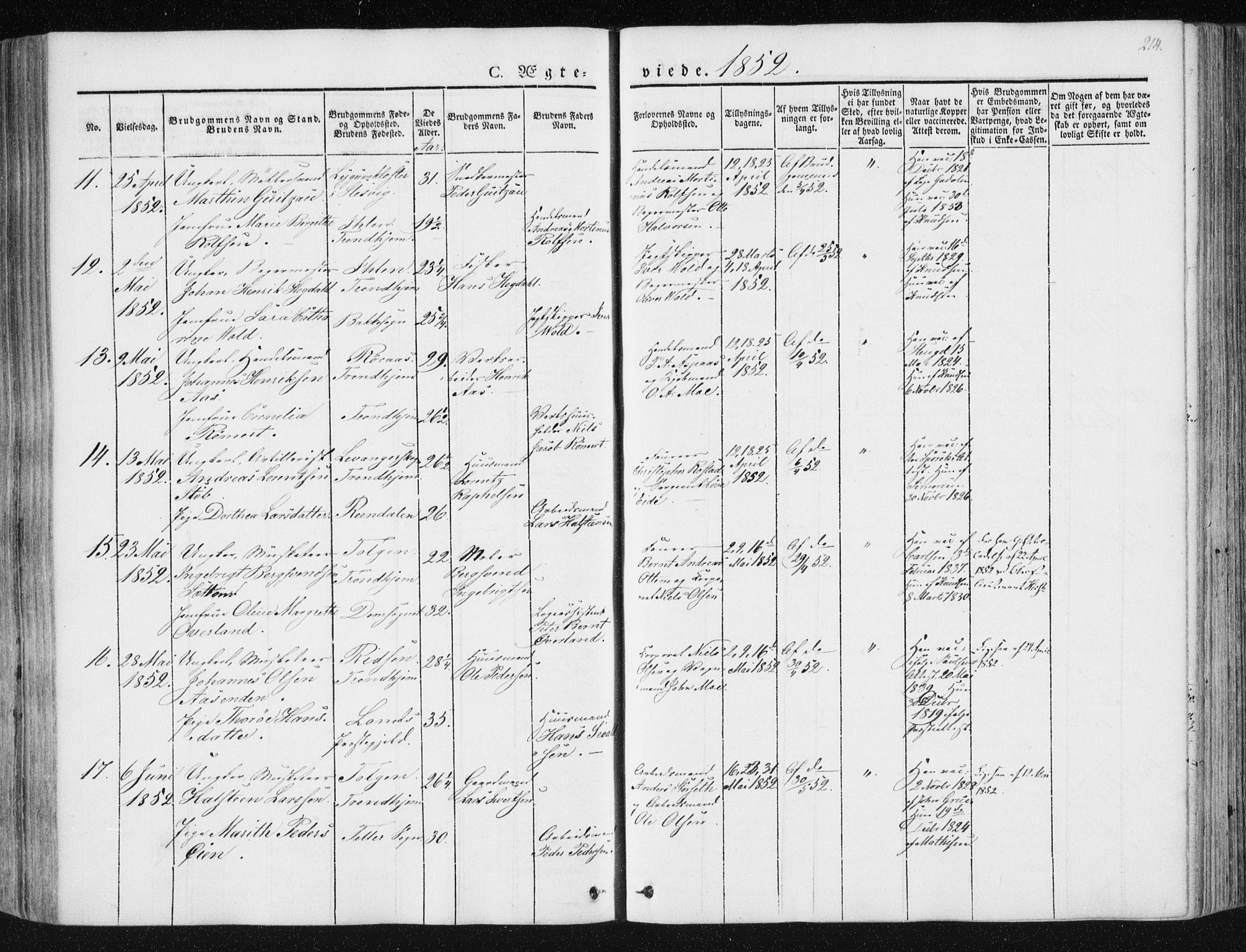 Ministerialprotokoller, klokkerbøker og fødselsregistre - Sør-Trøndelag, AV/SAT-A-1456/602/L0110: Parish register (official) no. 602A08, 1840-1854, p. 214