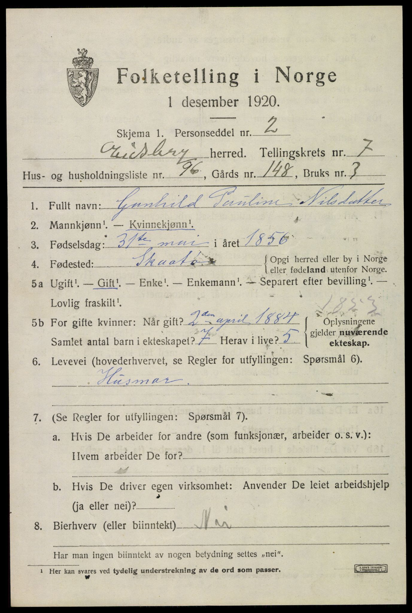 SAO, 1920 census for Eidsberg, 1920, p. 9667