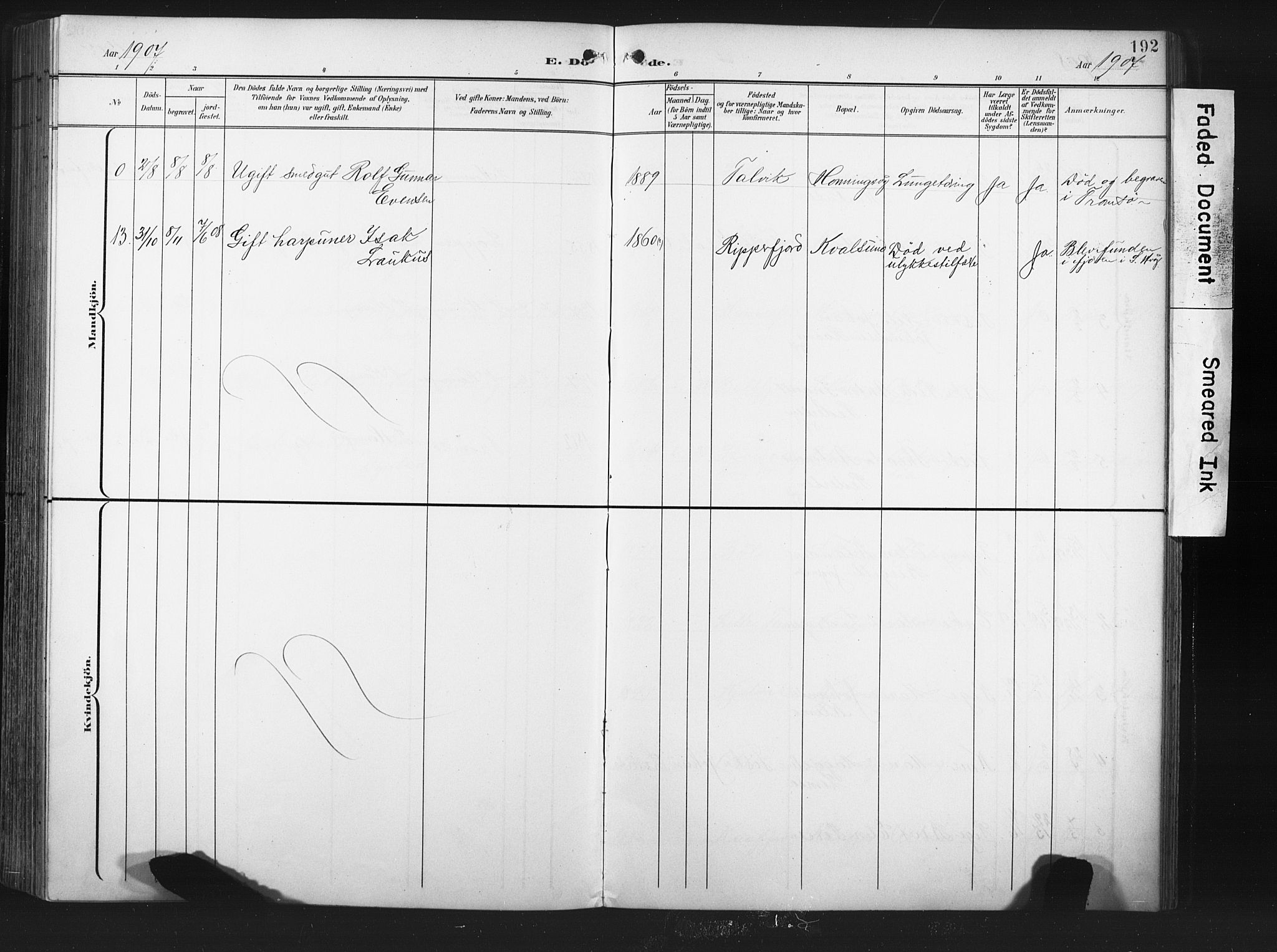 Måsøy sokneprestkontor, AV/SATØ-S-1348/H/Ha/L0008kirke: Parish register (official) no. 8, 1900-1910, p. 192