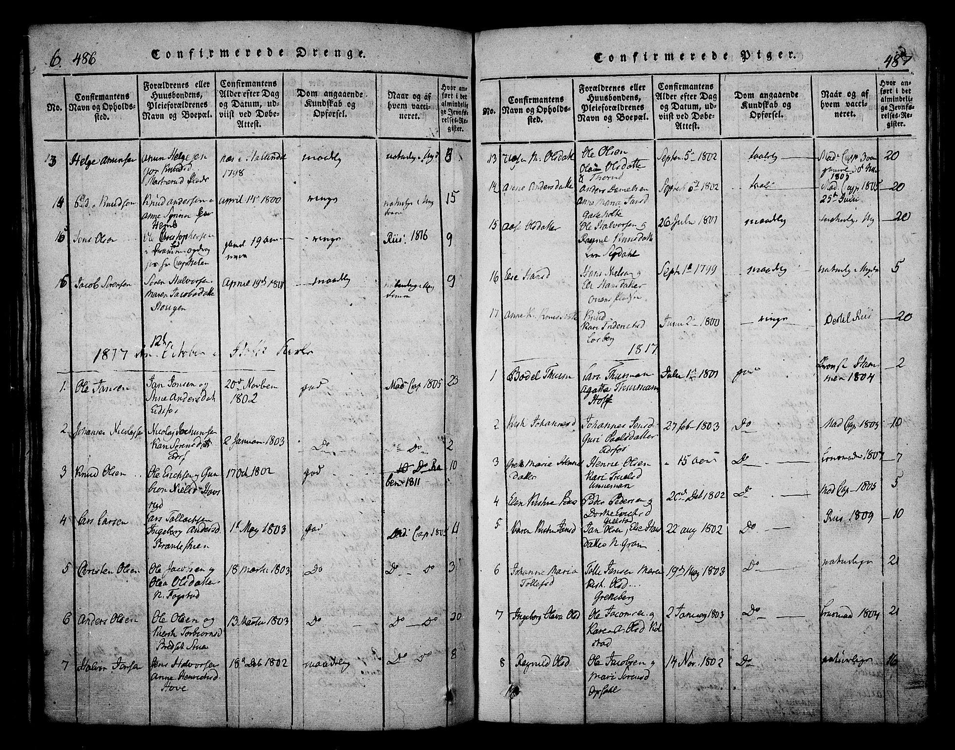 Hof kirkebøker, SAKO/A-64/F/Fa/L0004: Parish register (official) no. I 4, 1814-1843, p. 486-487