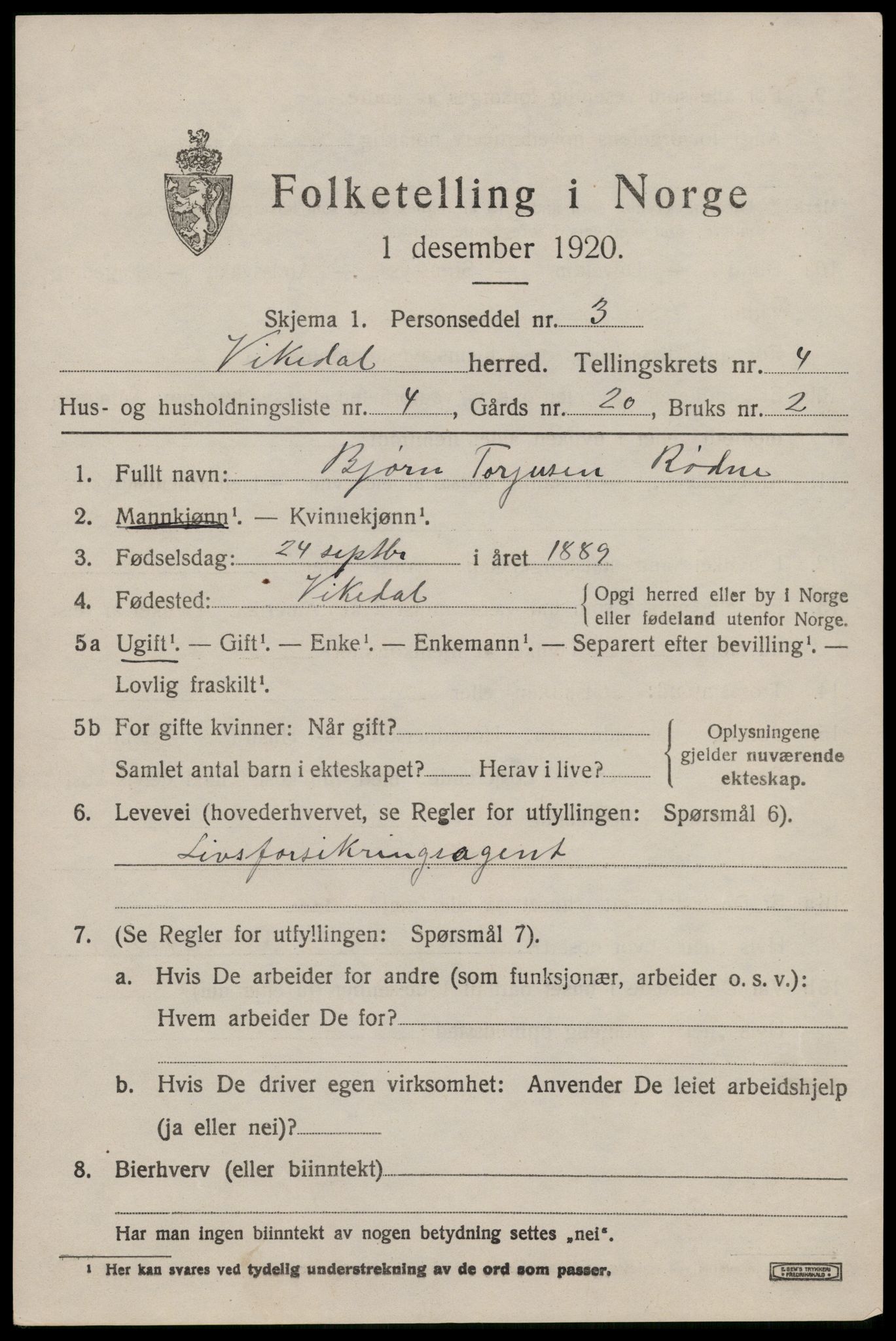 SAST, 1920 census for Vikedal, 1920, p. 2089