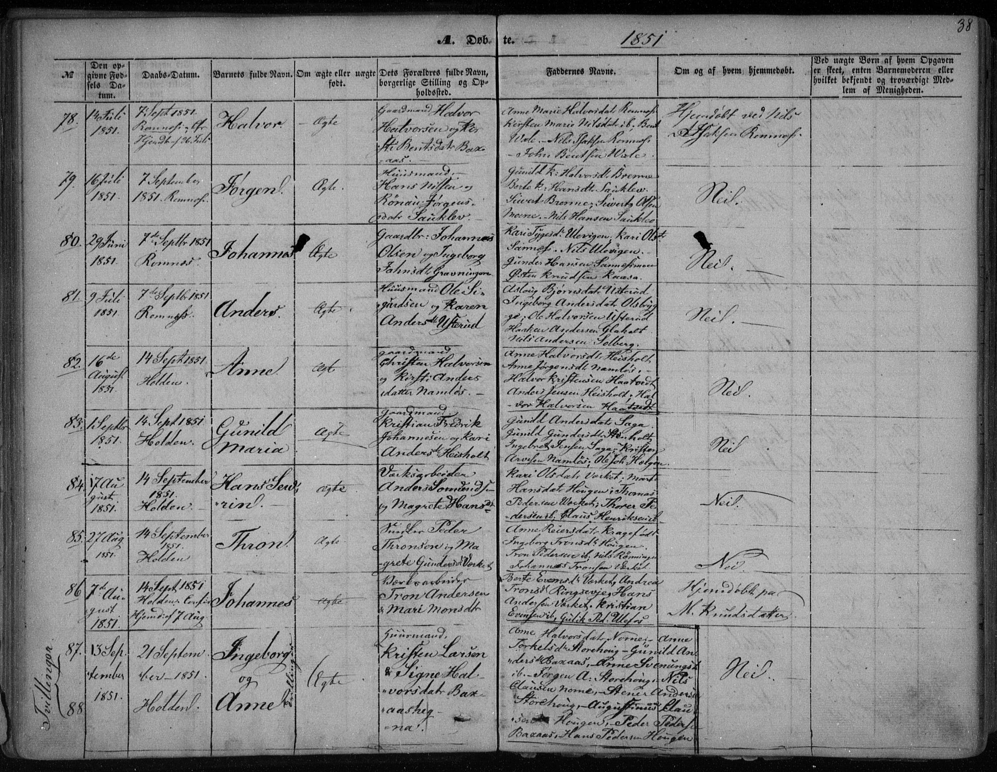 Holla kirkebøker, AV/SAKO-A-272/F/Fa/L0005: Parish register (official) no. 5, 1849-1860, p. 38