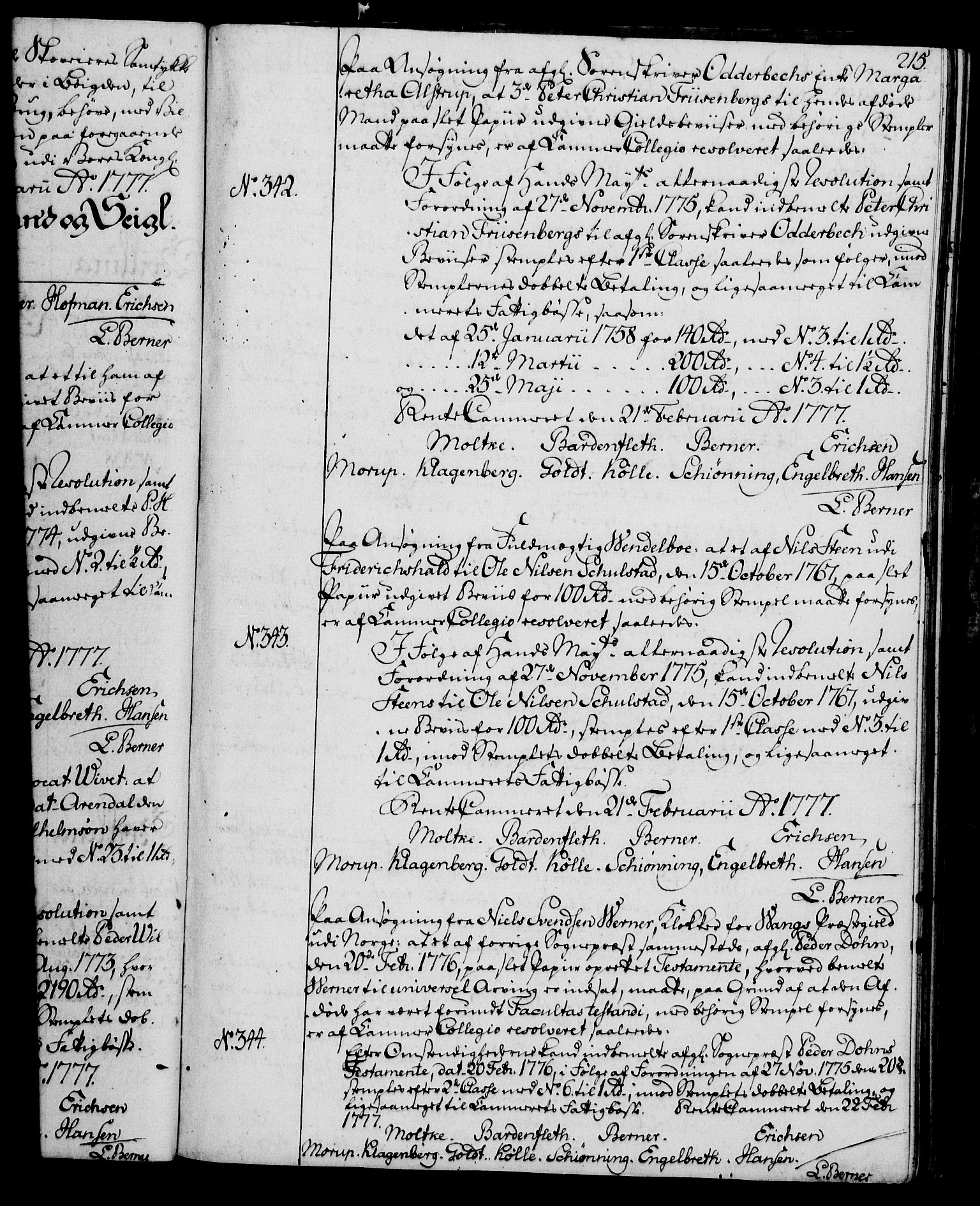 Rentekammeret, Kammerkanselliet, AV/RA-EA-3111/G/Gg/Gga/L0010: Norsk ekspedisjonsprotokoll med register (merket RK 53.10), 1773-1778, p. 215