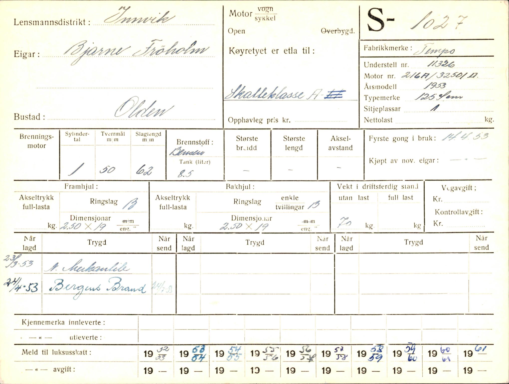 Statens vegvesen, Sogn og Fjordane vegkontor, AV/SAB-A-5301/4/F/L0003: Registerkort utmeldte Fjordane S1000-2499, 1930-1961, p. 48