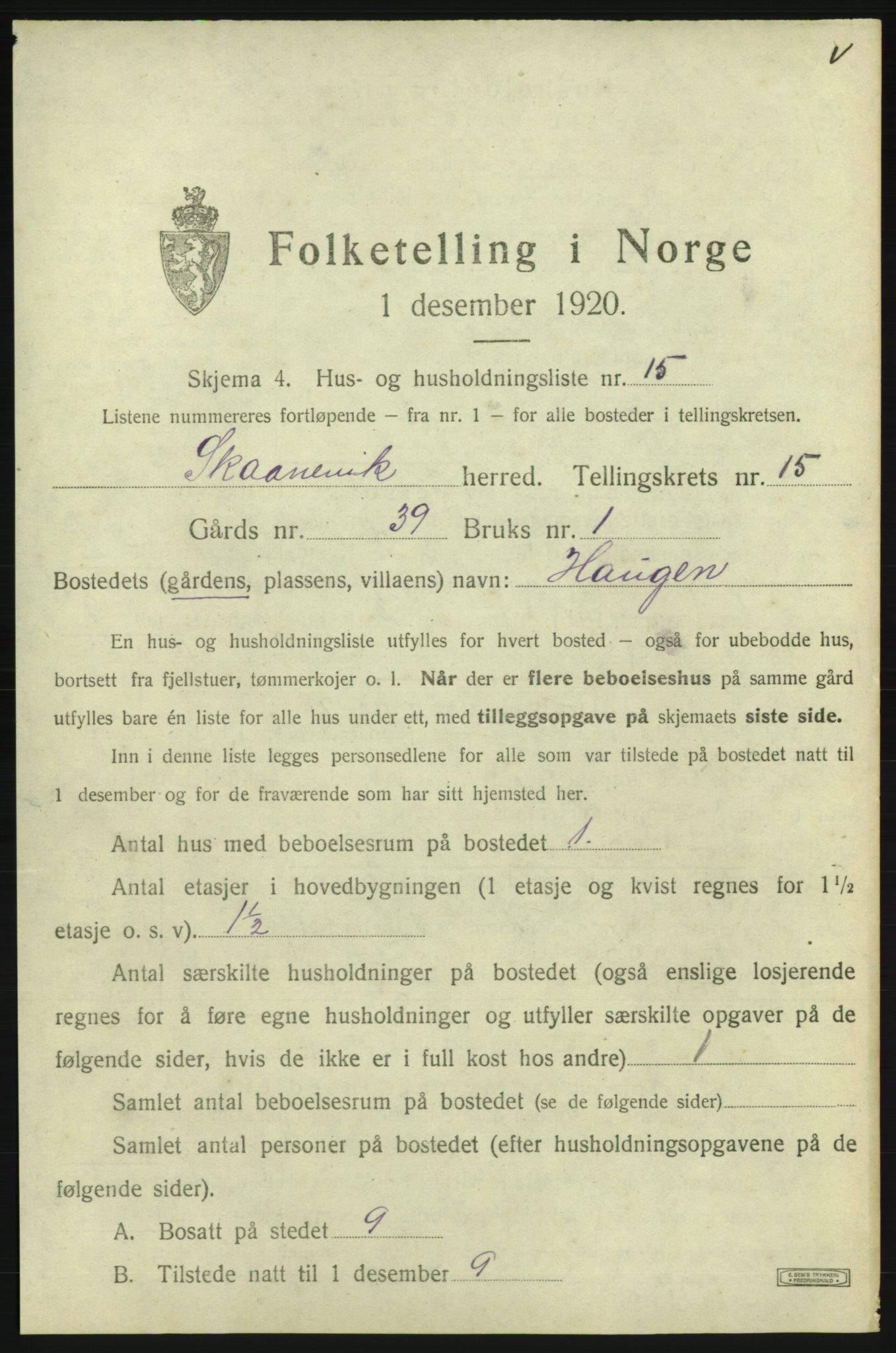 SAB, 1920 census for Skånevik, 1920, p. 1591