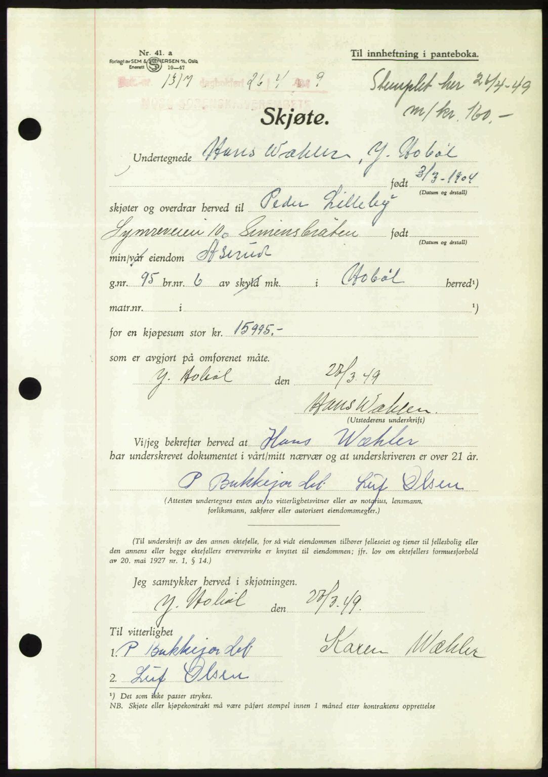 Moss sorenskriveri, AV/SAO-A-10168: Mortgage book no. A22, 1949-1949, Diary no: : 1317/1949