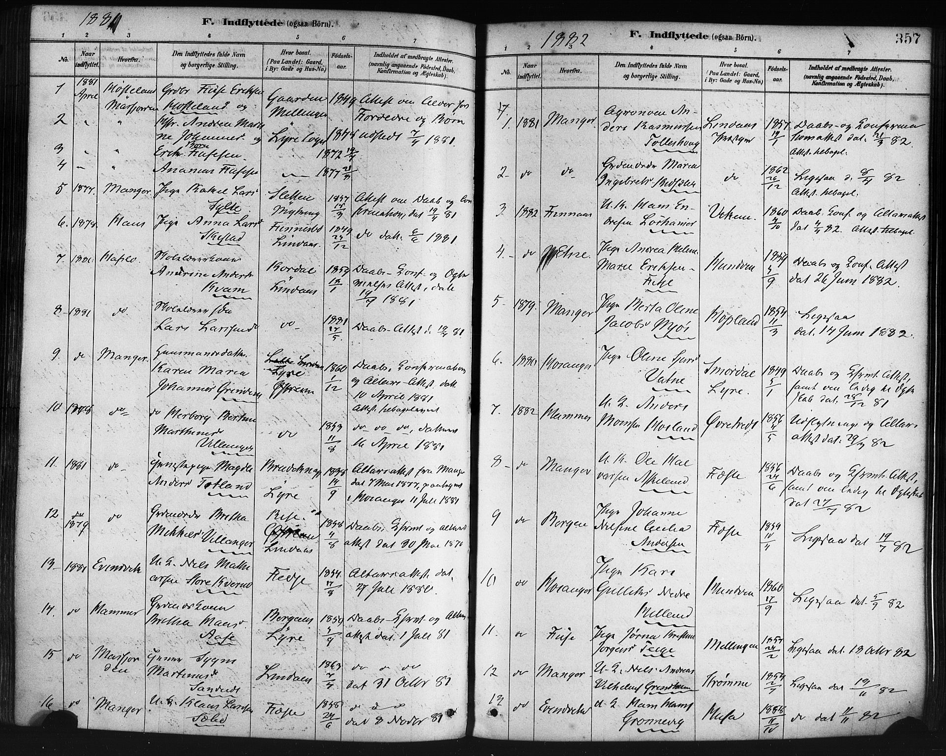 Lindås Sokneprestembete, SAB/A-76701/H/Haa: Parish register (official) no. A 19, 1878-1912, p. 357
