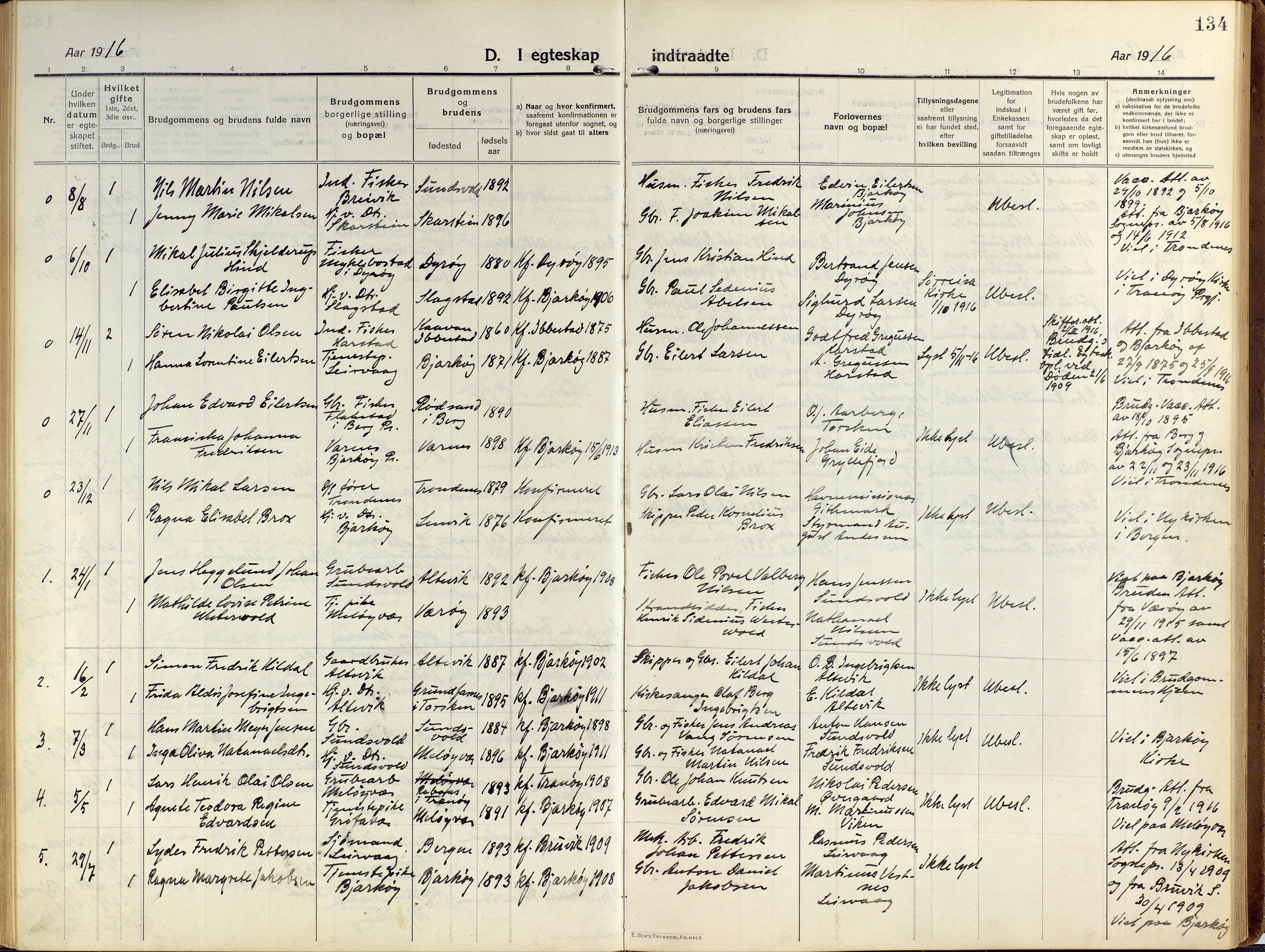 Sand/Bjarkøy sokneprestkontor, AV/SATØ-S-0811/I/Ia/Iaa/L0006kirke: Parish register (official) no. 6, 1915-1929, p. 134