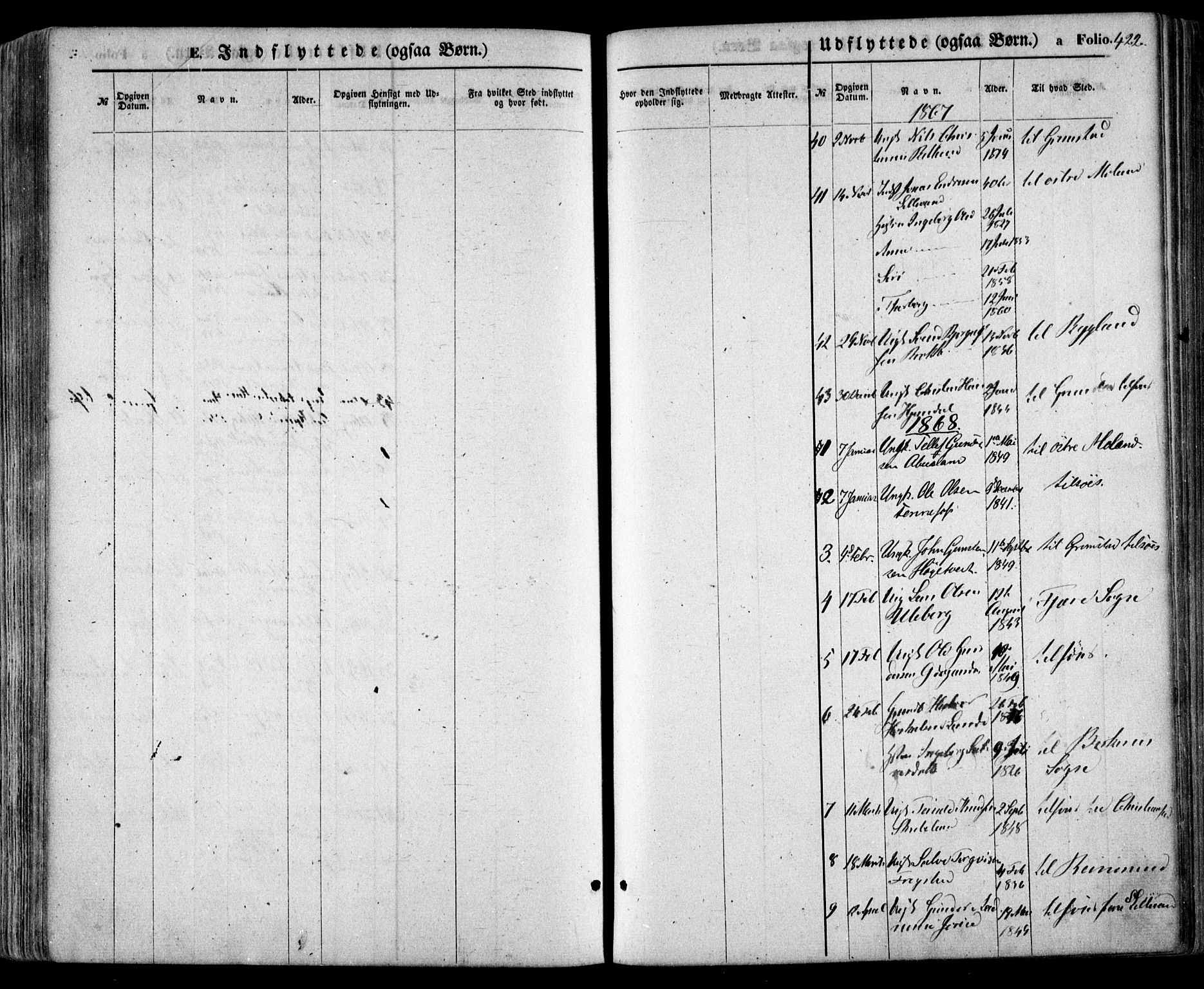 Evje sokneprestkontor, SAK/1111-0008/F/Fa/Faa/L0006: Parish register (official) no. A 6, 1866-1884, p. 422