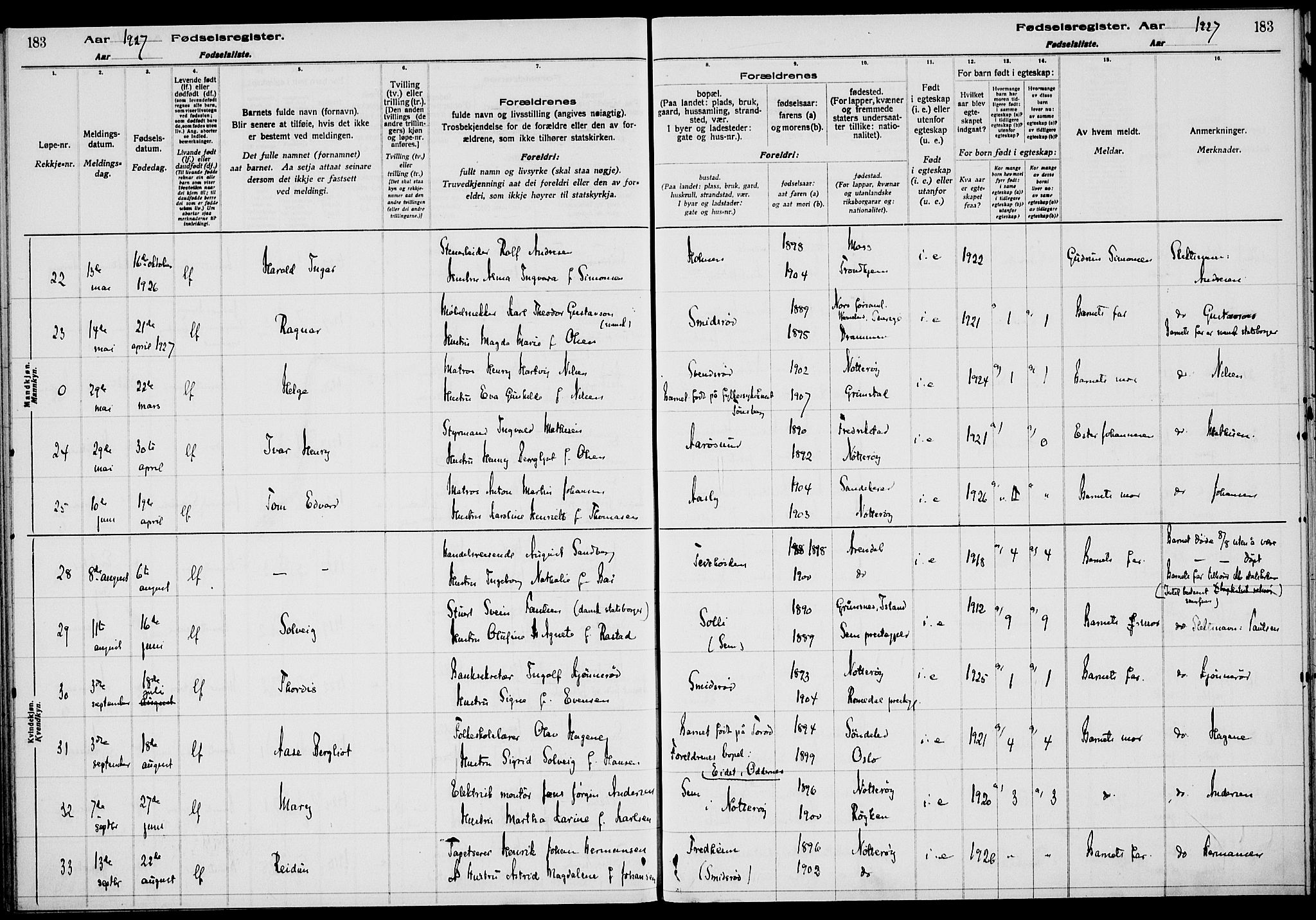 Nøtterøy kirkebøker, AV/SAKO-A-354/J/Ja/L0001: Birth register no. 1, 1916-1928, p. 183