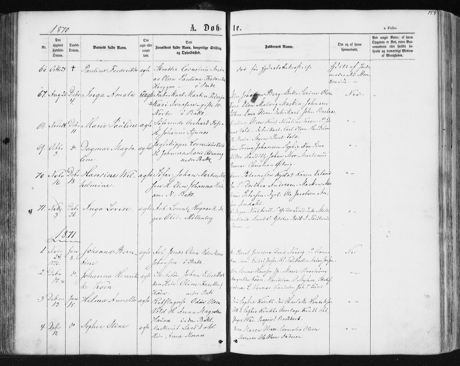 Ministerialprotokoller, klokkerbøker og fødselsregistre - Sør-Trøndelag, SAT/A-1456/604/L0186: Parish register (official) no. 604A07, 1866-1877, p. 154