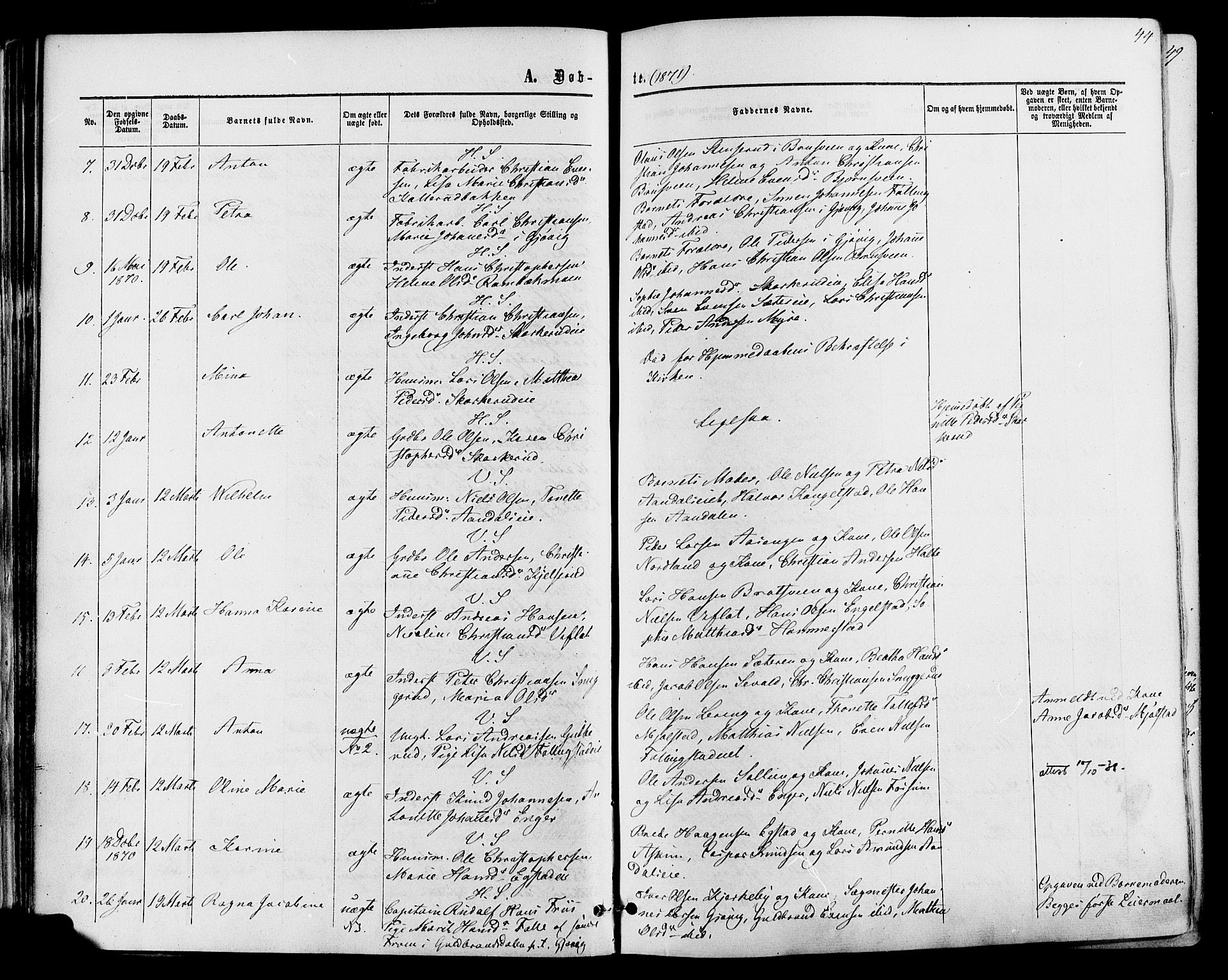 Vardal prestekontor, SAH/PREST-100/H/Ha/Haa/L0007: Parish register (official) no. 7, 1867-1878, p. 44