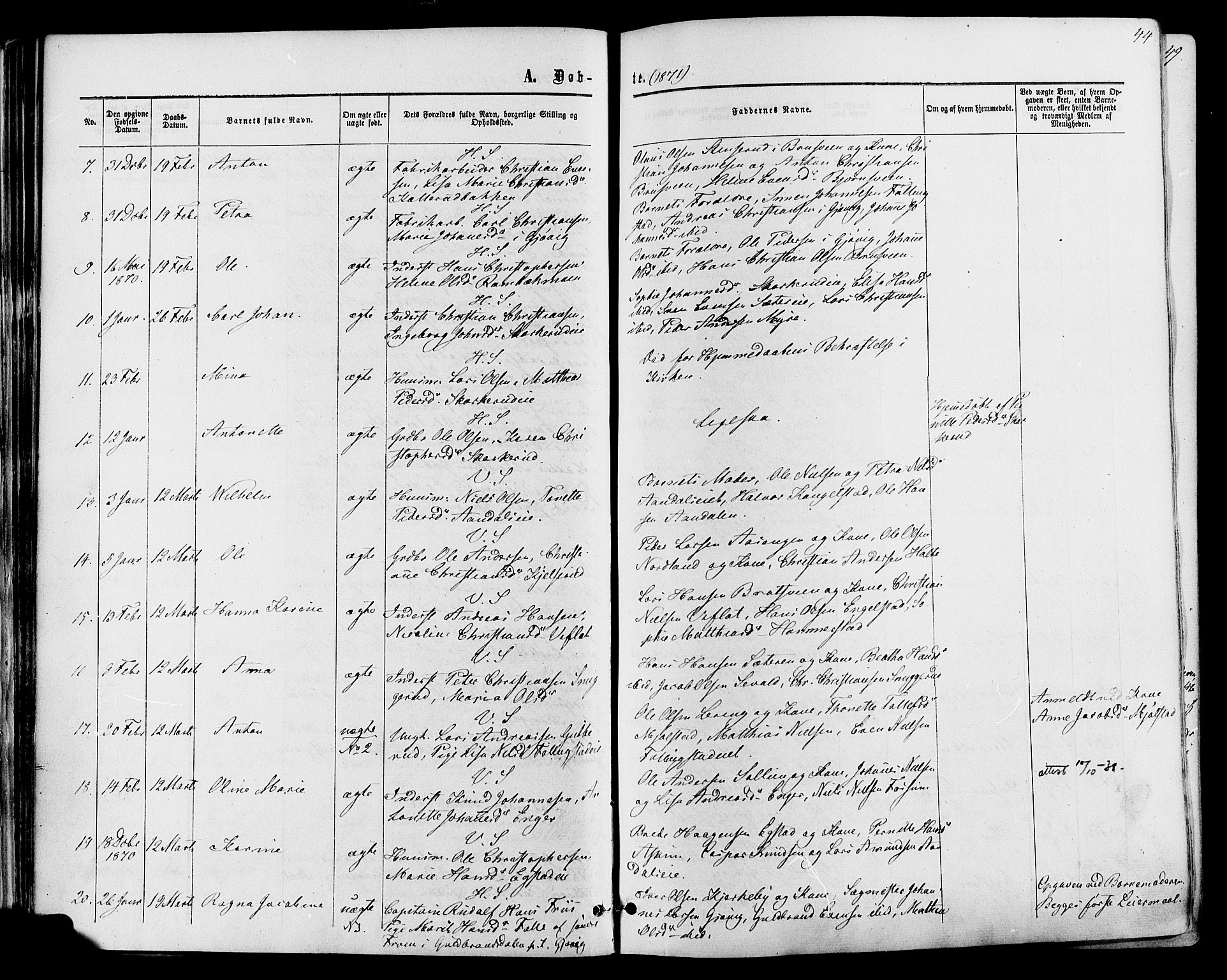 Vardal prestekontor, AV/SAH-PREST-100/H/Ha/Haa/L0007: Parish register (official) no. 7, 1867-1878, p. 44
