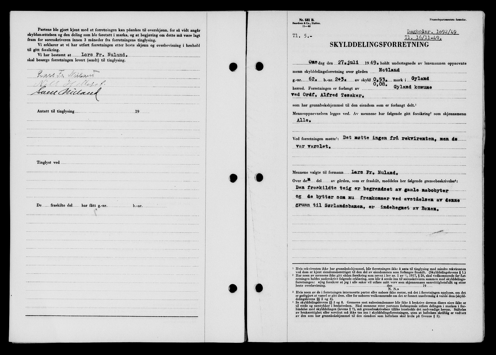 Flekkefjord sorenskriveri, SAK/1221-0001/G/Gb/Gba/L0065: Mortgage book no. A-13, 1949-1949, Diary no: : 1092/1949