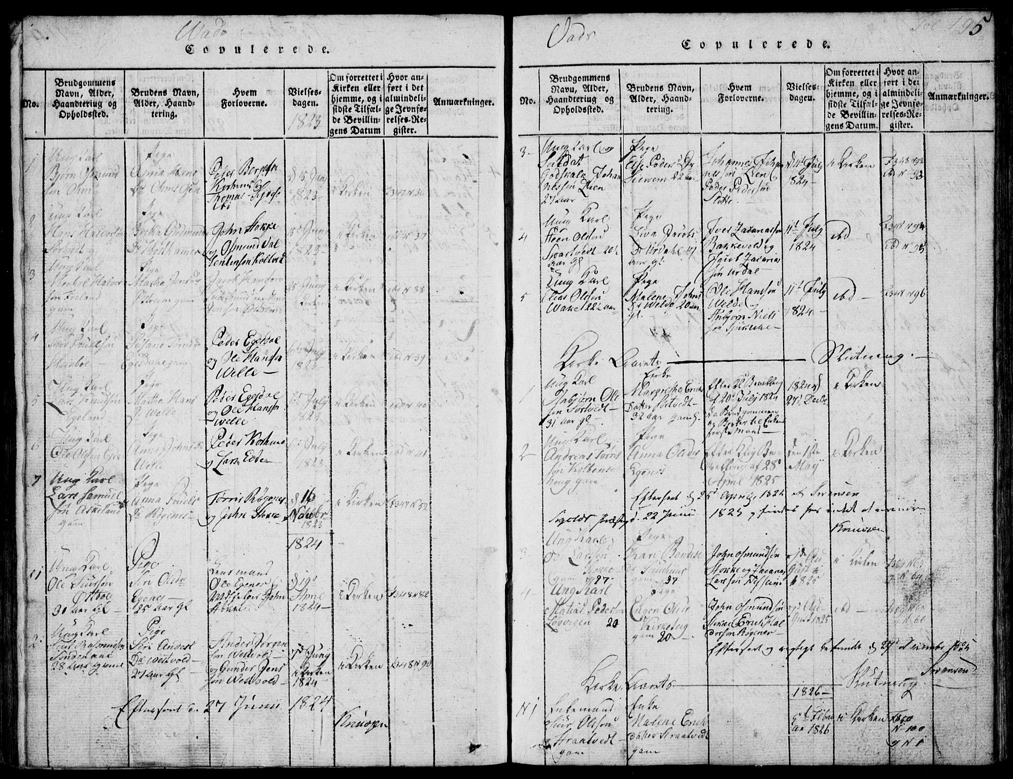 Skjold sokneprestkontor, AV/SAST-A-101847/H/Ha/Hab/L0002: Parish register (copy) no. B 2 /2, 1815-1830, p. 195