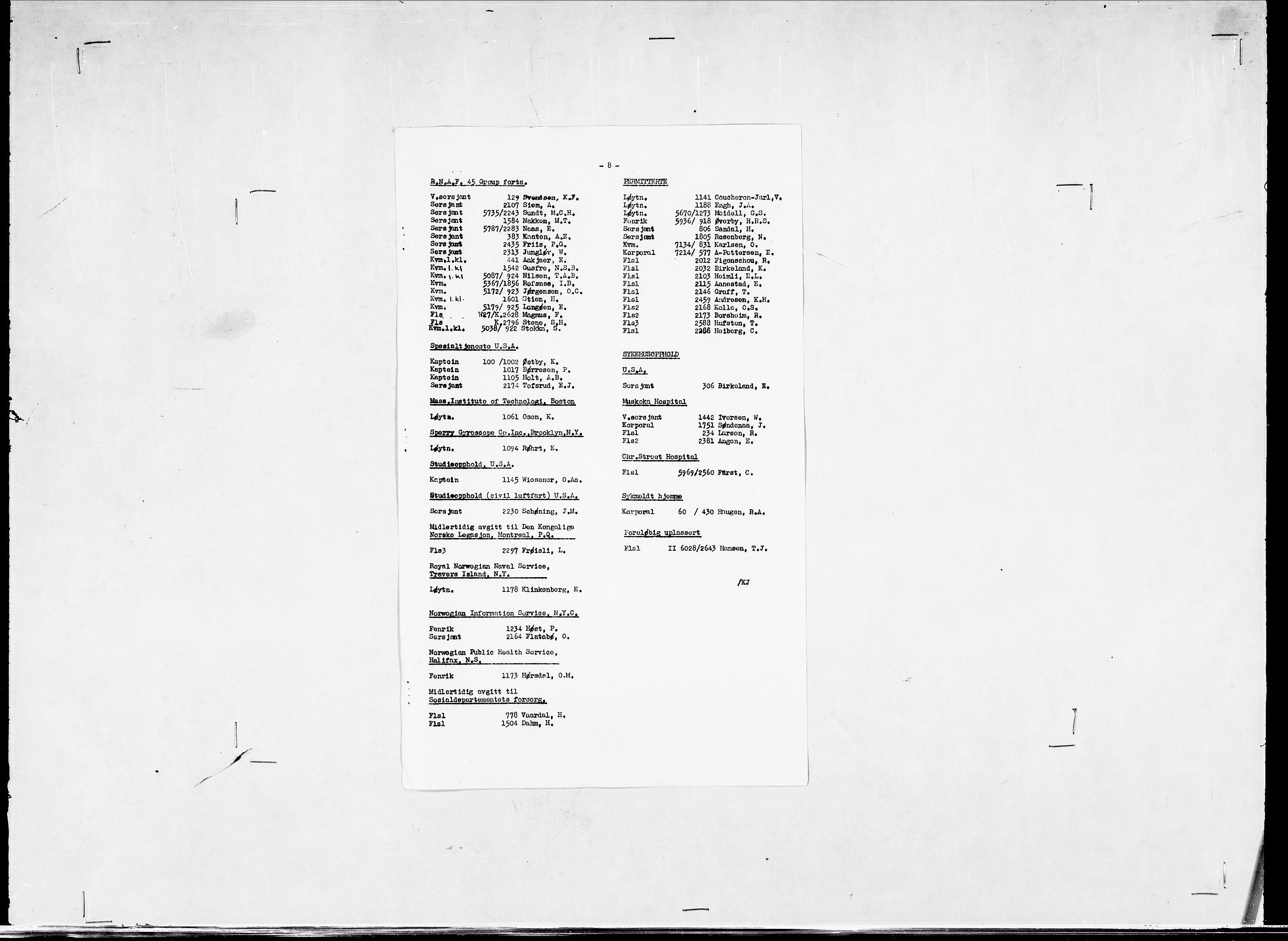 Forsvaret, Flyvåpnenes treningsleir 1940-1945, RA/RAFA-3974/V/L0038: Ekspedisjonskontoret. 8. Personellkontoret, 1940-1945