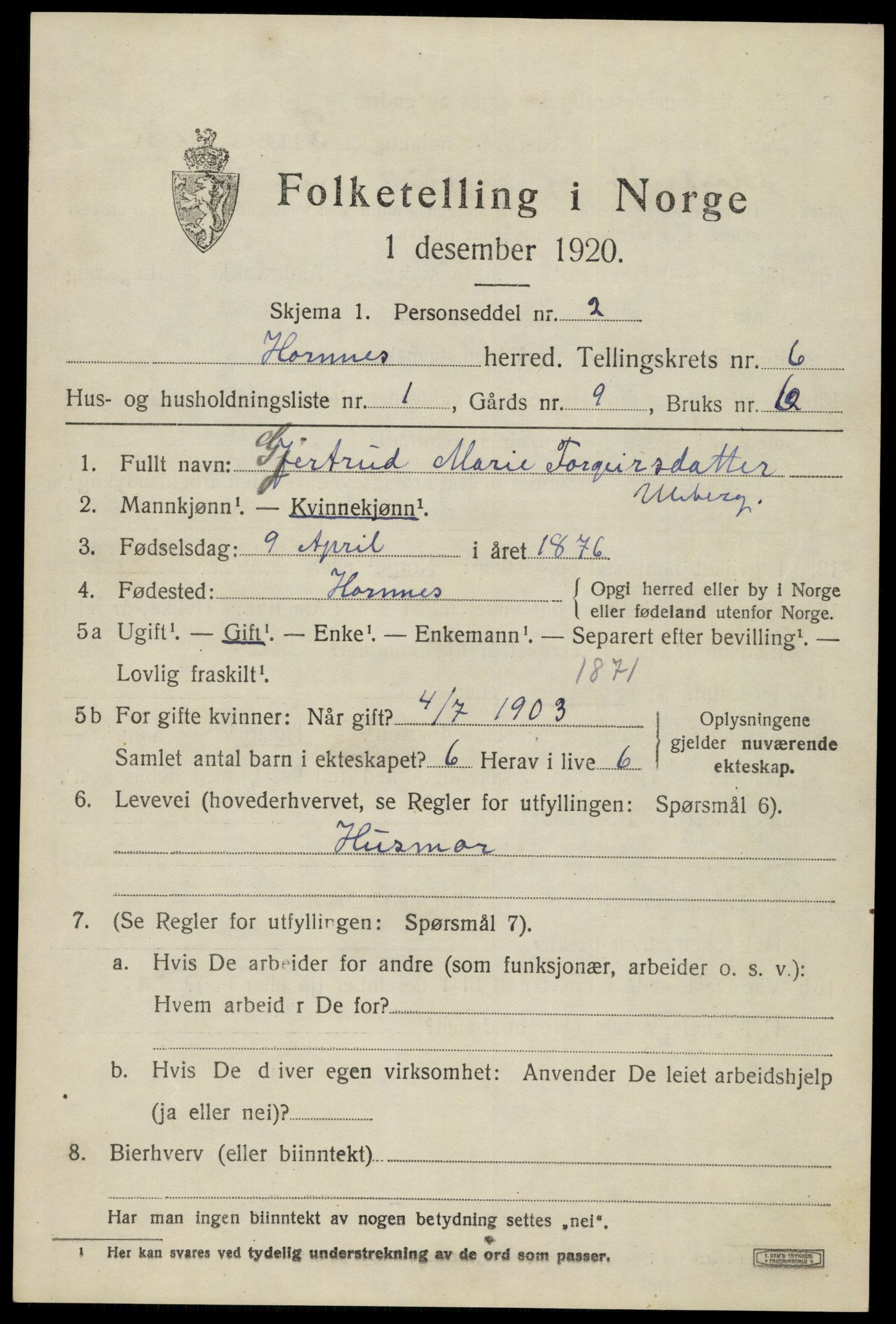 SAK, 1920 census for Hornnes, 1920, p. 1559