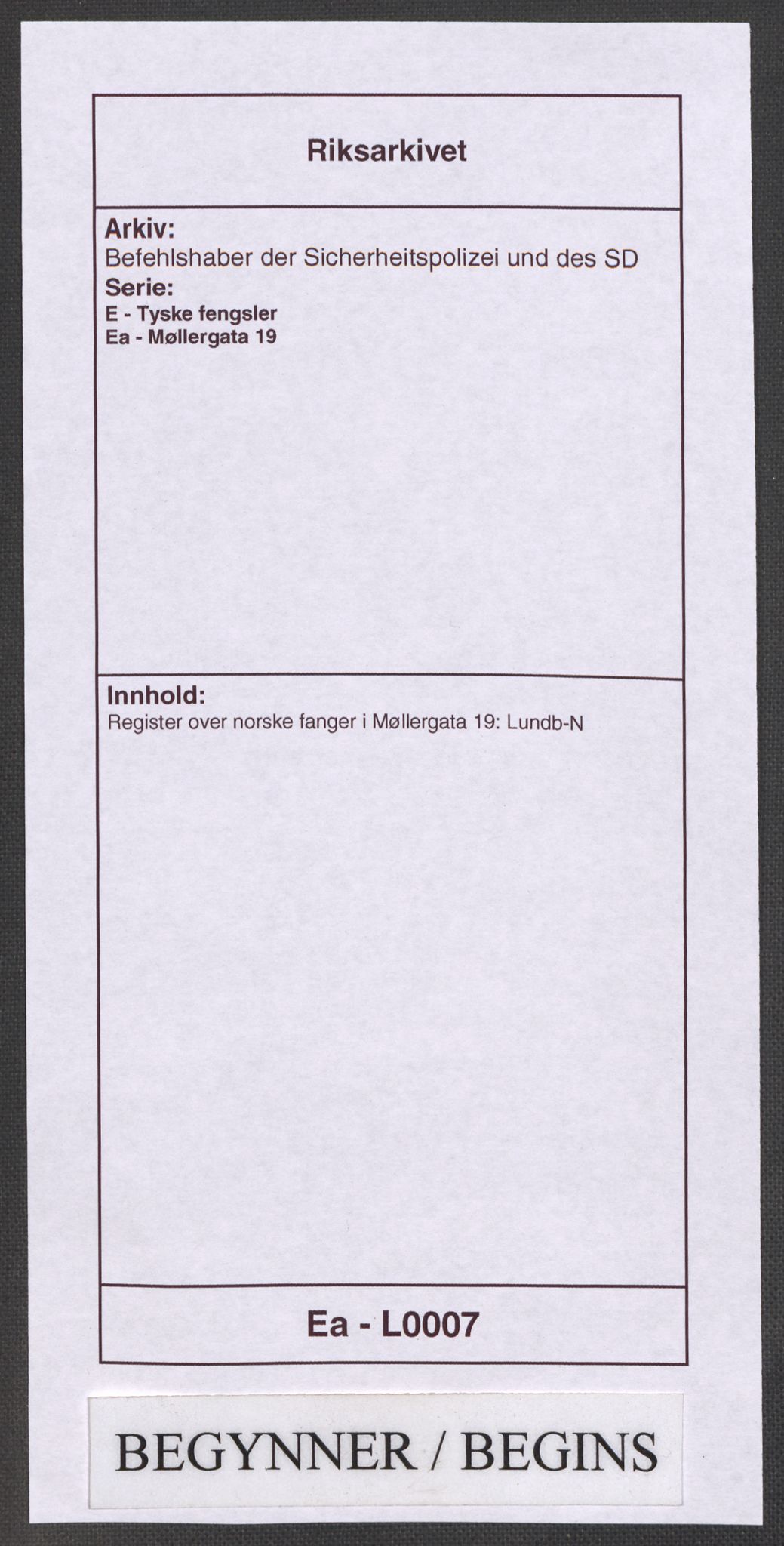 Befehlshaber der Sicherheitspolizei und des SD, RA/RAFA-5969/E/Ea/Eaa/L0007: Register over norske fanger i Møllergata 19: Lundb-N, 1940-1945, p. 1