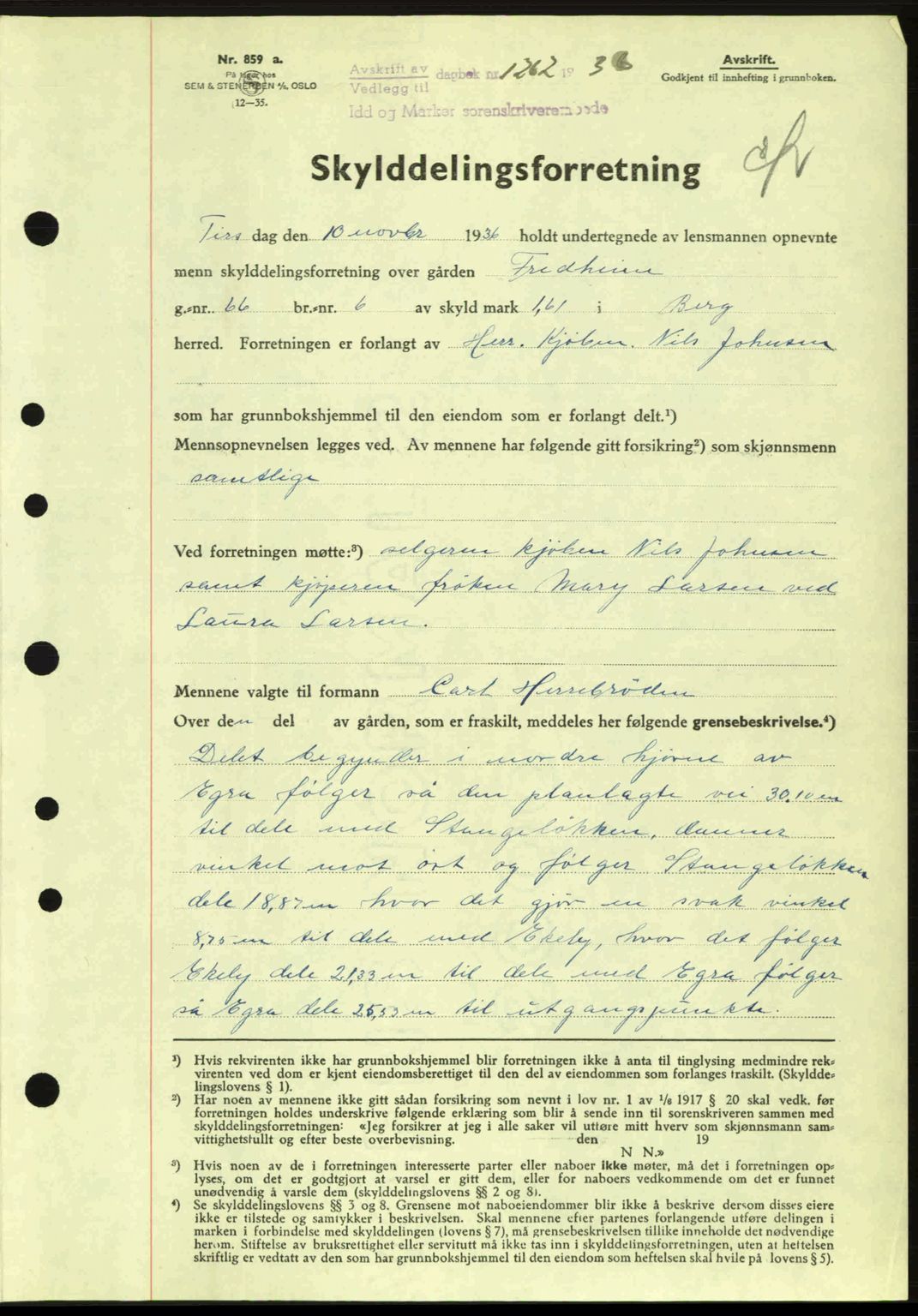 Idd og Marker sorenskriveri, AV/SAO-A-10283/G/Gb/Gbb/L0001: Mortgage book no. A1, 1936-1937, Diary no: : 1262/1936