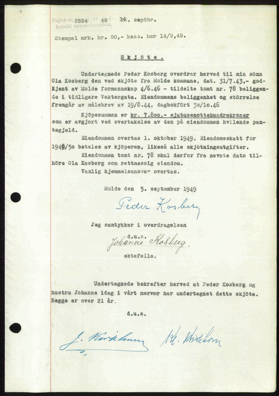 Romsdal sorenskriveri, AV/SAT-A-4149/1/2/2C: Mortgage book no. A30, 1949-1949, Diary no: : 2554/1949