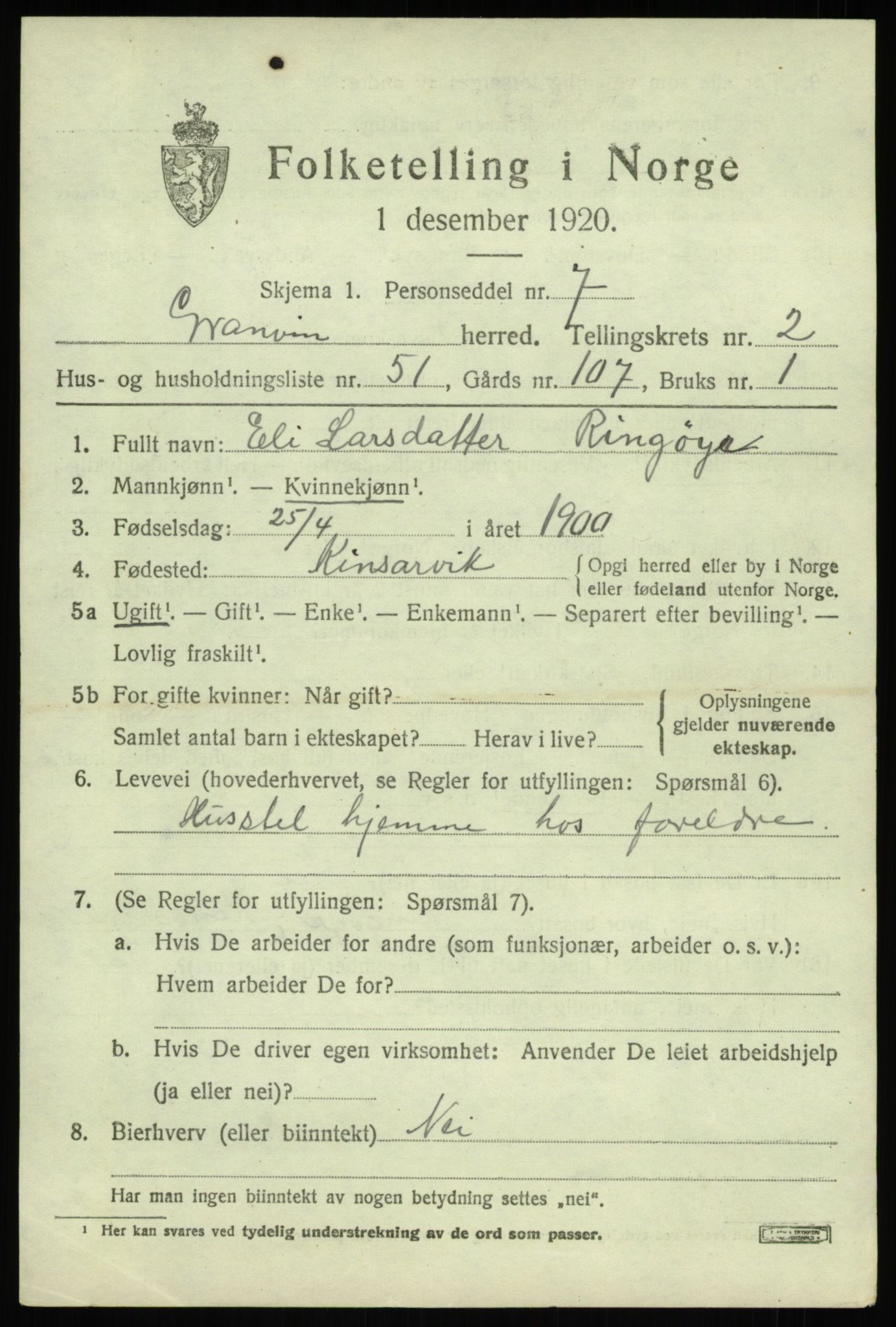 SAB, 1920 census for Granvin, 1920, p. 1158