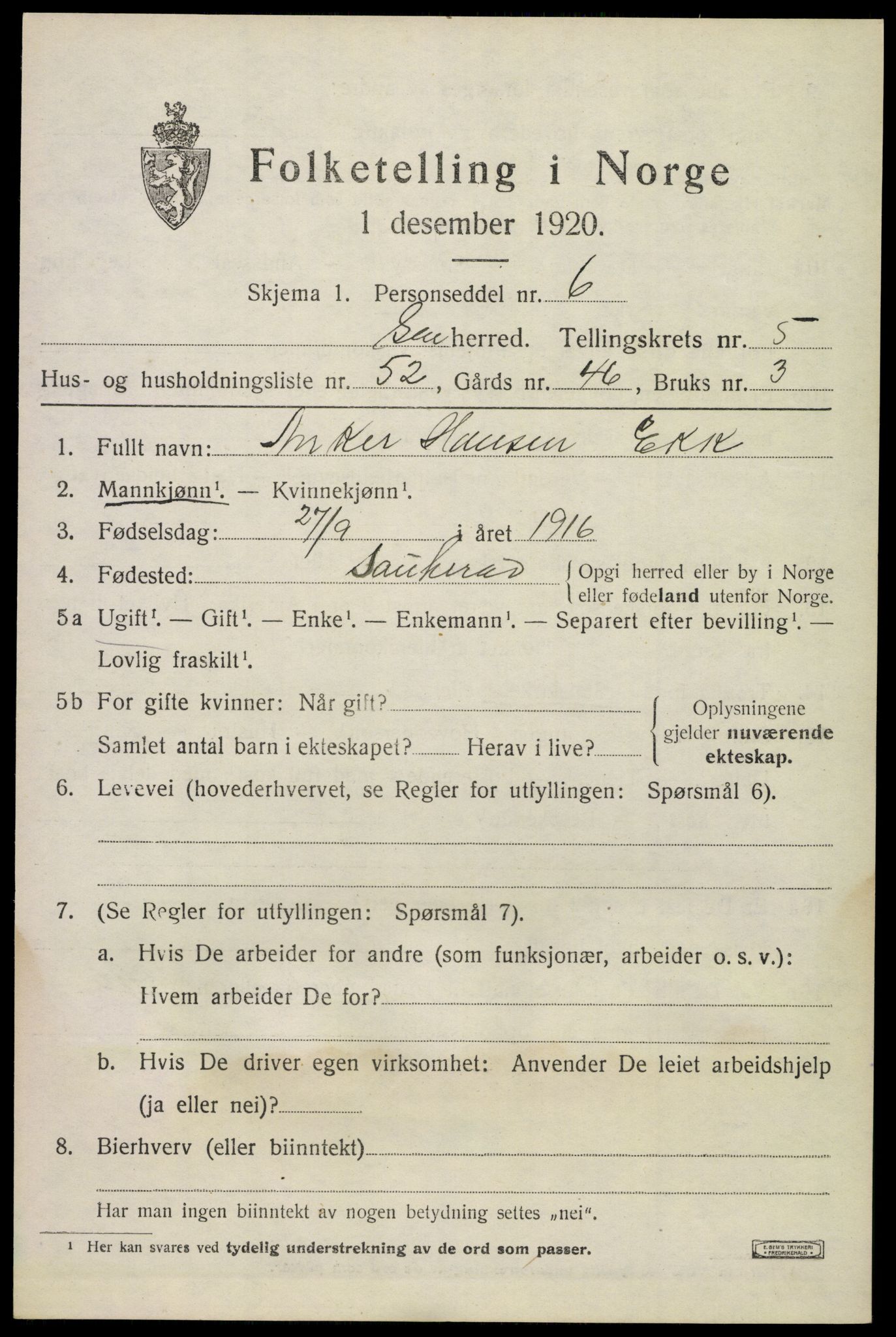 SAKO, 1920 census for Sauherad, 1920, p. 5065