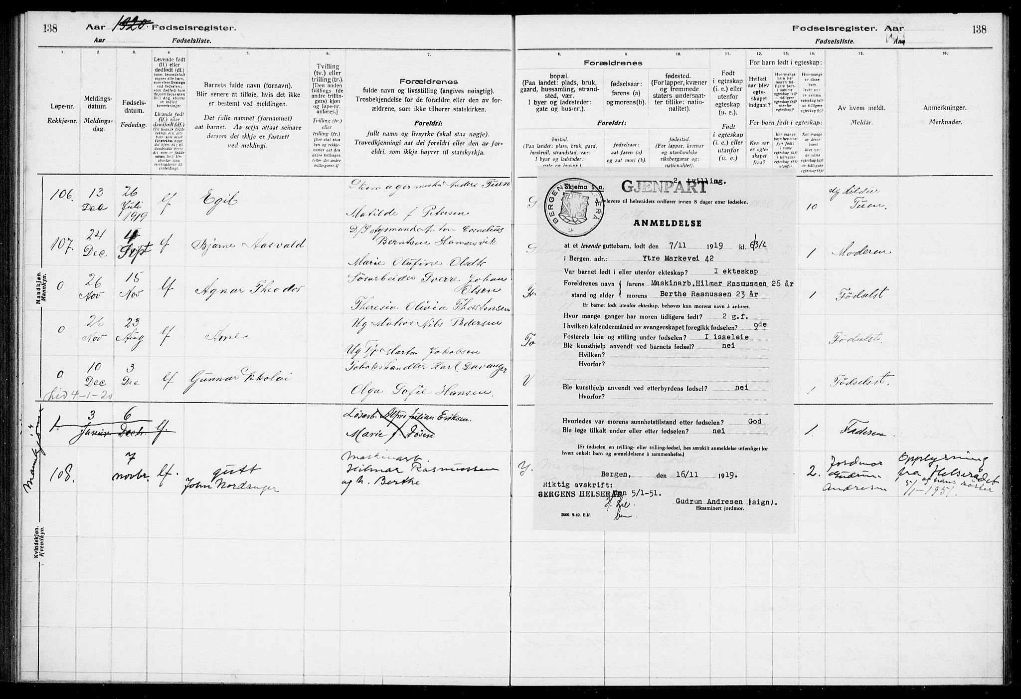 Nykirken Sokneprestembete, AV/SAB-A-77101/I/Id/L00A1: Birth register no. A 1, 1916-1922, p. 138