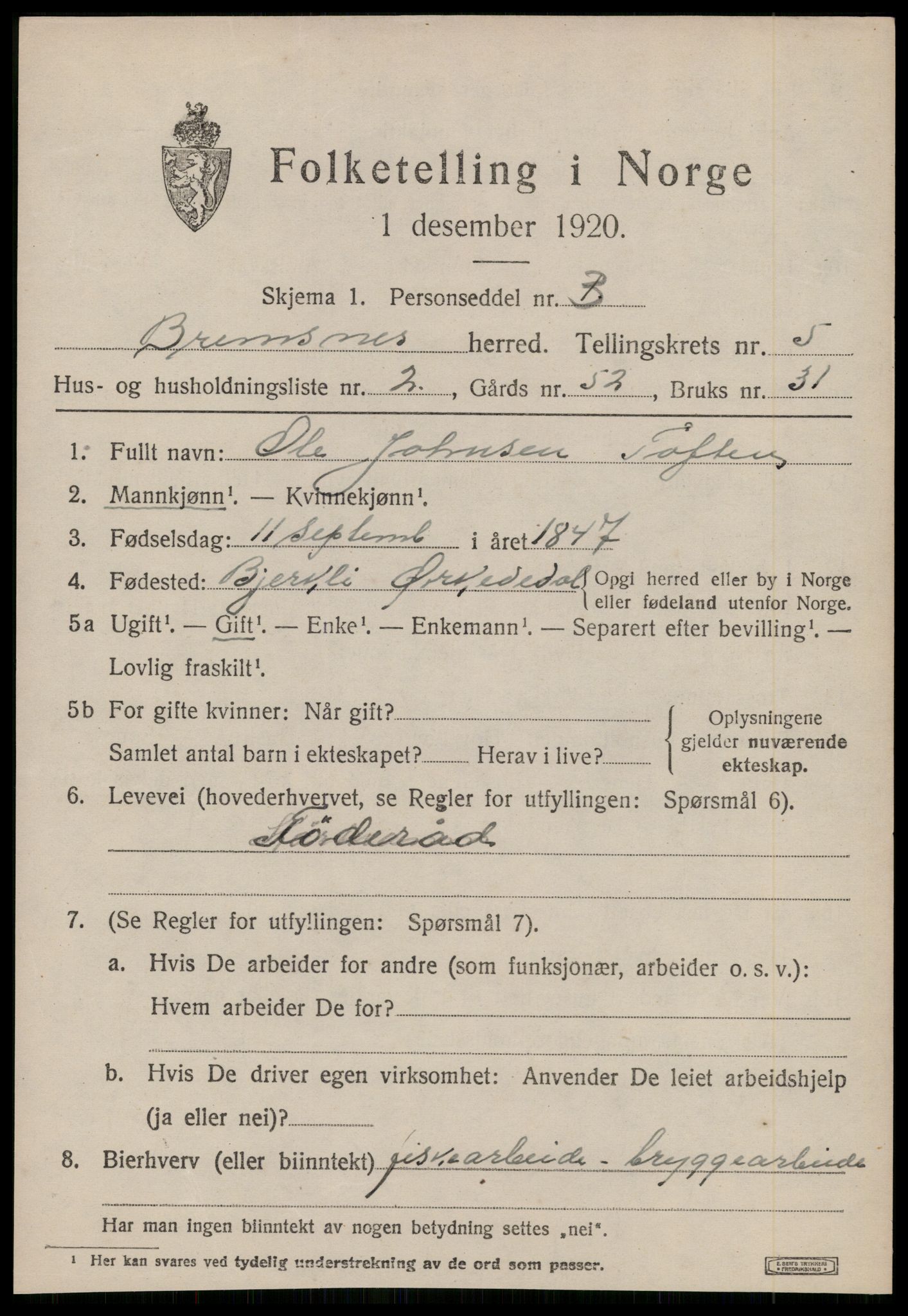 SAT, 1920 census for Bremsnes, 1920, p. 4379