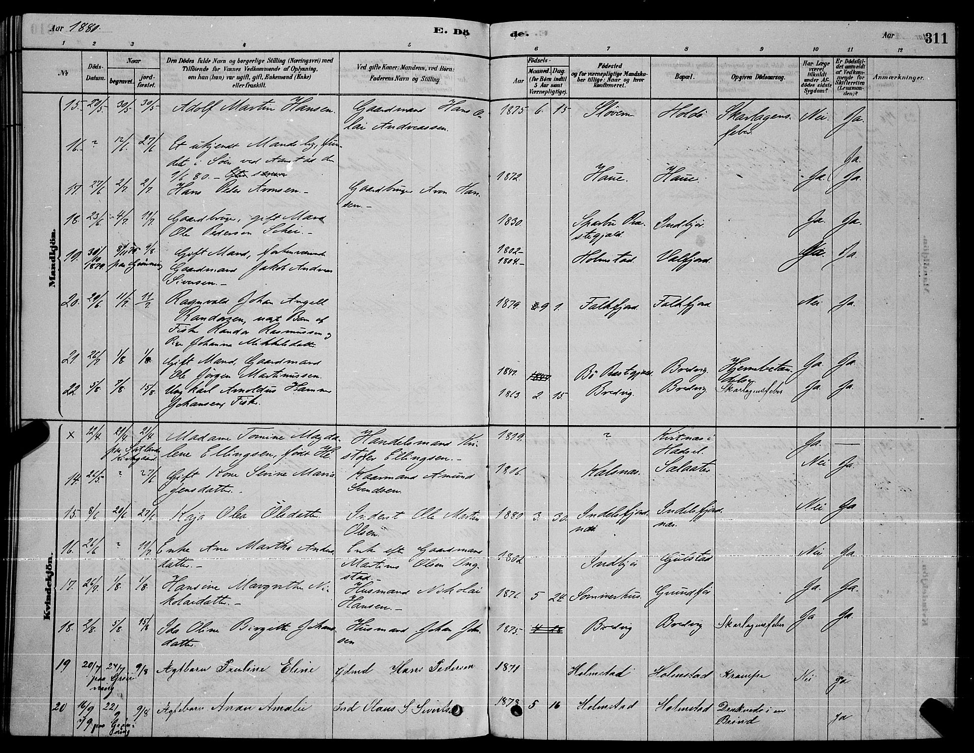 Ministerialprotokoller, klokkerbøker og fødselsregistre - Nordland, AV/SAT-A-1459/888/L1267: Parish register (copy) no. 888C05, 1878-1890, p. 311