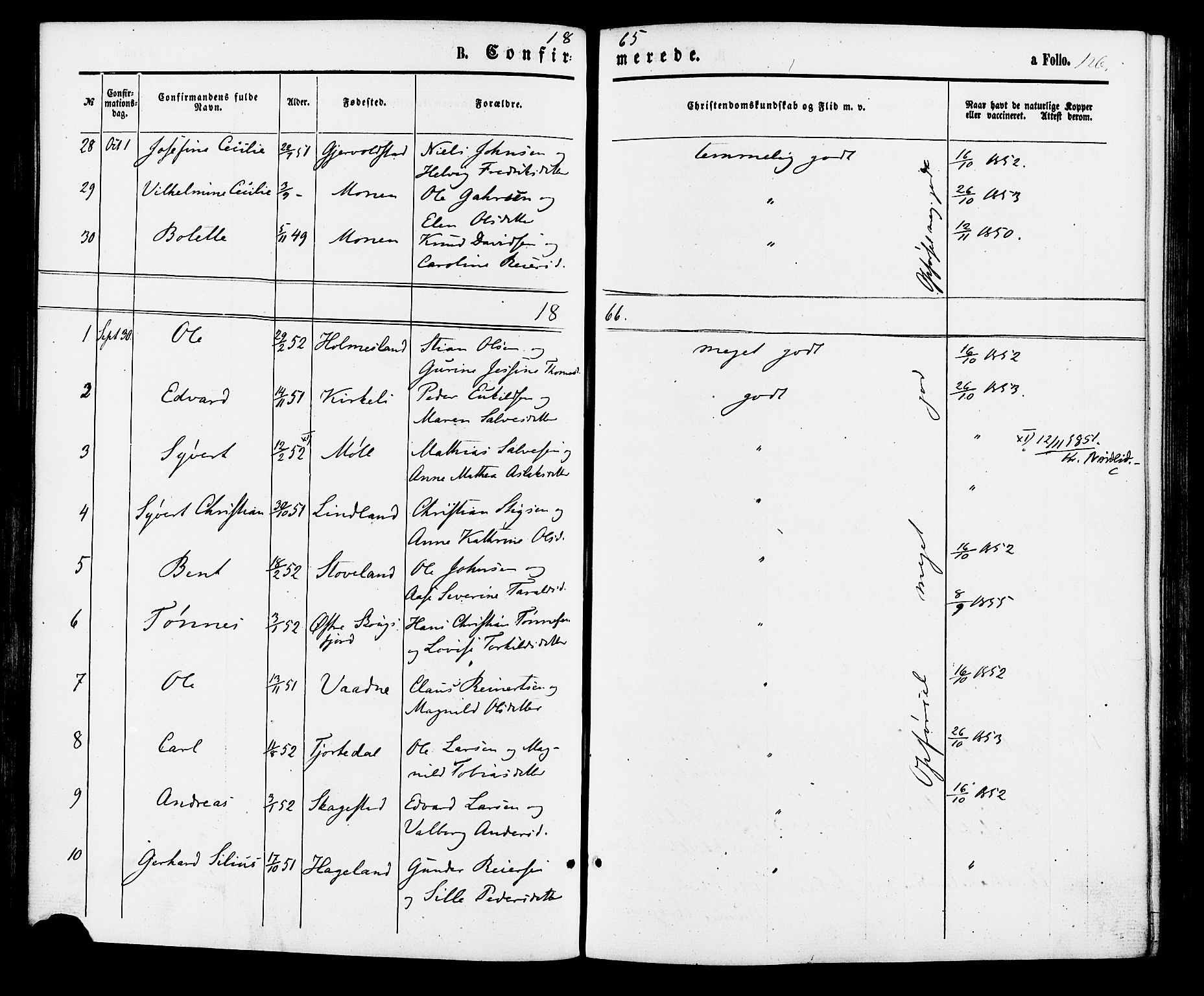 Holum sokneprestkontor, AV/SAK-1111-0022/F/Fa/Faa/L0006: Parish register (official) no. A 6, 1865-1883, p. 126