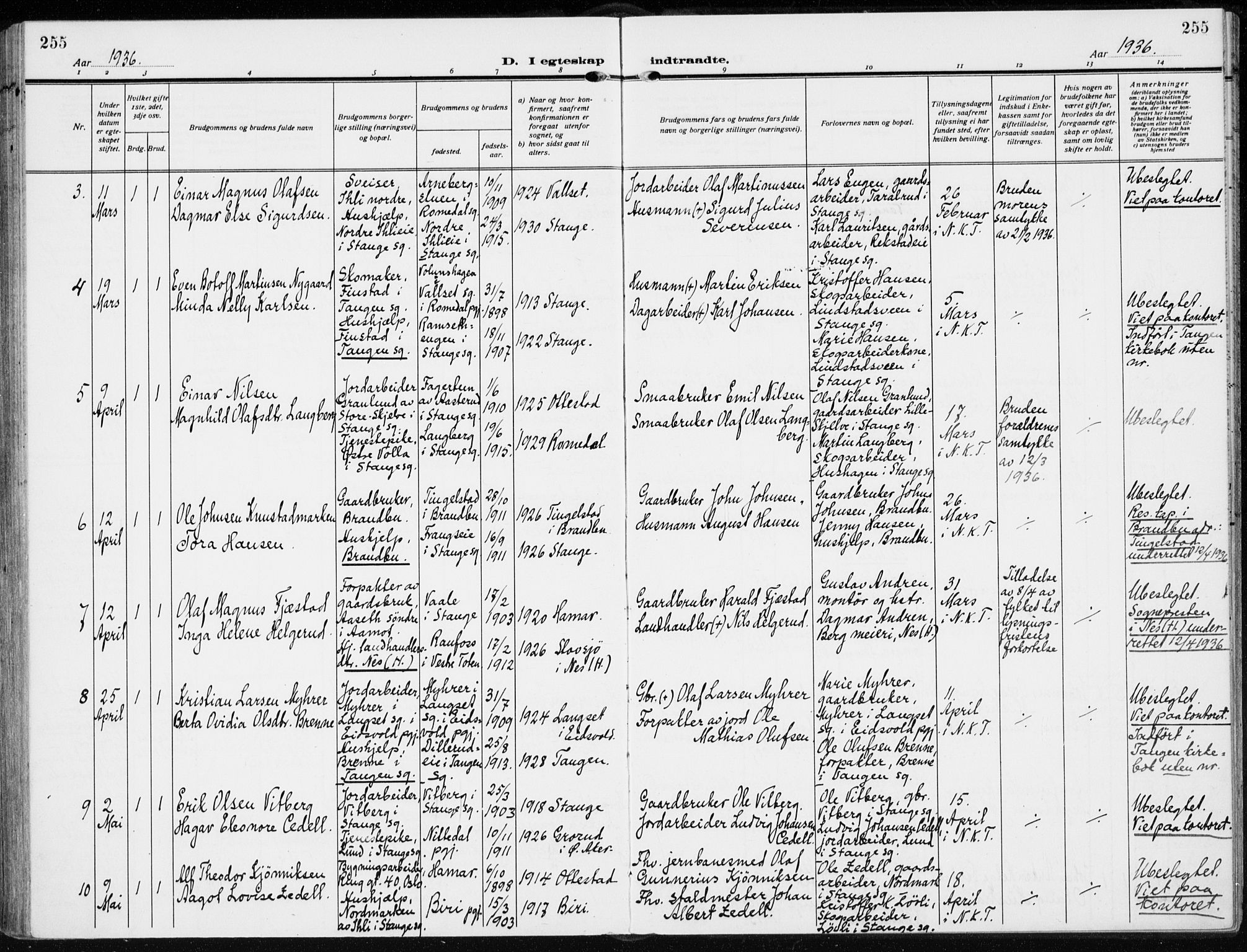 Stange prestekontor, AV/SAH-PREST-002/K/L0026: Parish register (official) no. 26, 1923-1937, p. 255