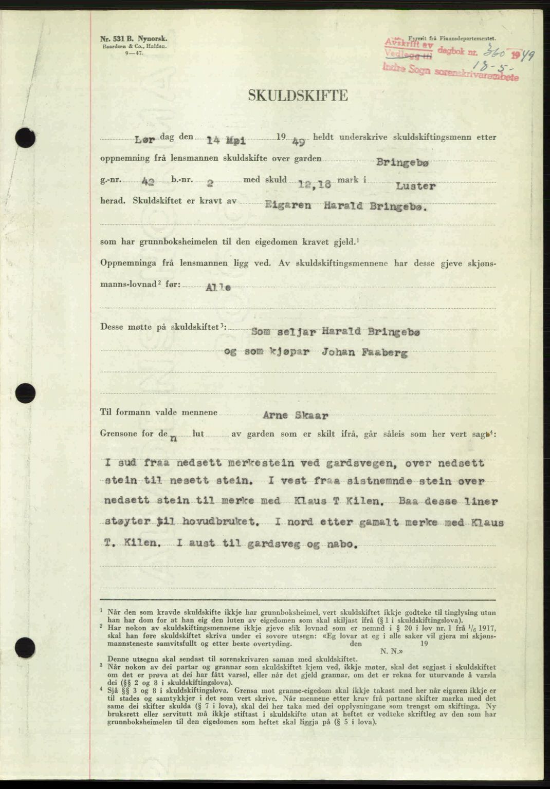 Indre Sogn tingrett, SAB/A-3301/1/G/Gb/Gbb/L0010: Mortgage book no. A10, 1949-1949, Diary no: : 360/1949