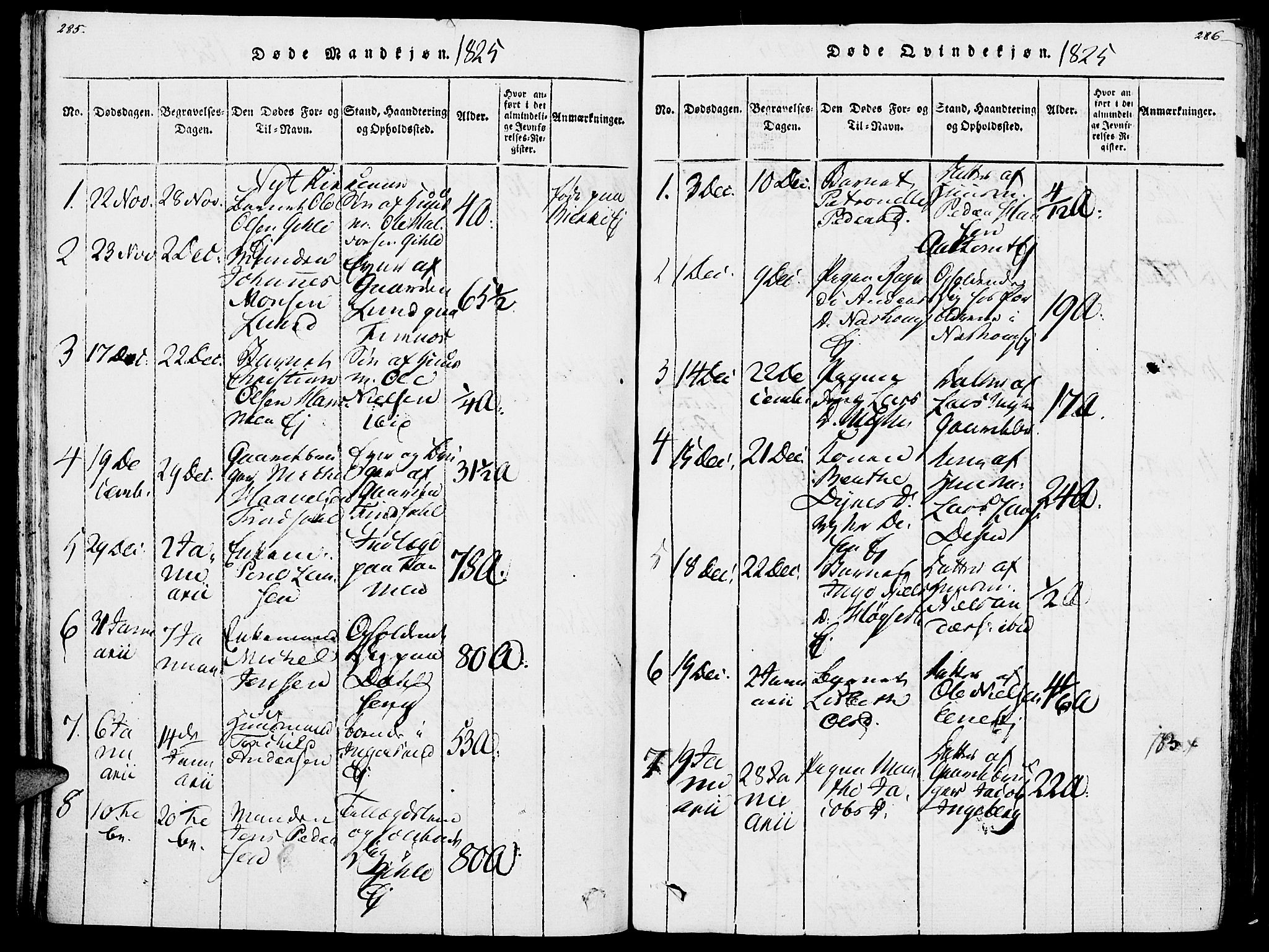 Vang prestekontor, Hedmark, AV/SAH-PREST-008/H/Ha/Haa/L0007: Parish register (official) no. 7, 1813-1826, p. 285-286