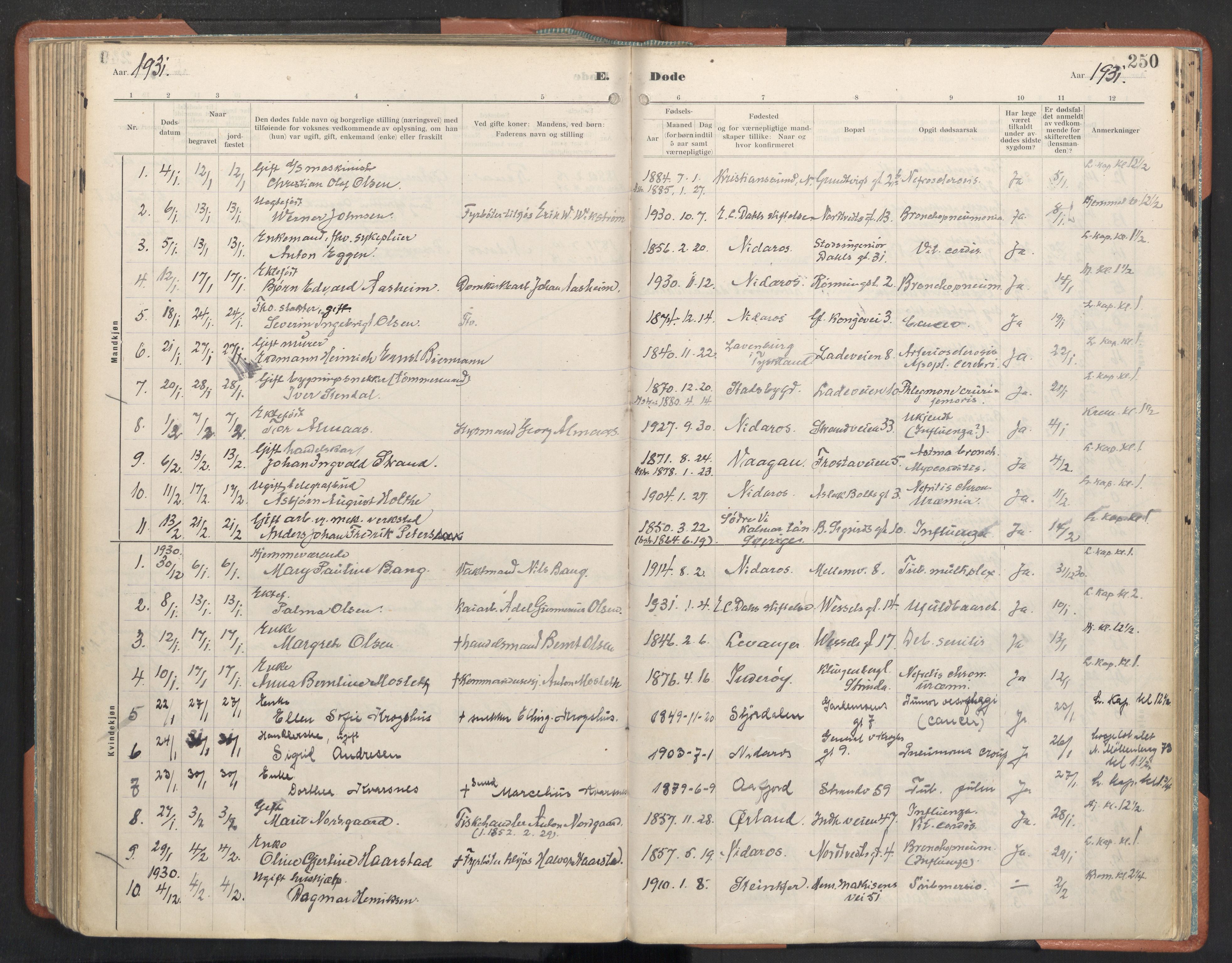 Ministerialprotokoller, klokkerbøker og fødselsregistre - Sør-Trøndelag, SAT/A-1456/605/L0245: Parish register (official) no. 605A07, 1916-1938, p. 250